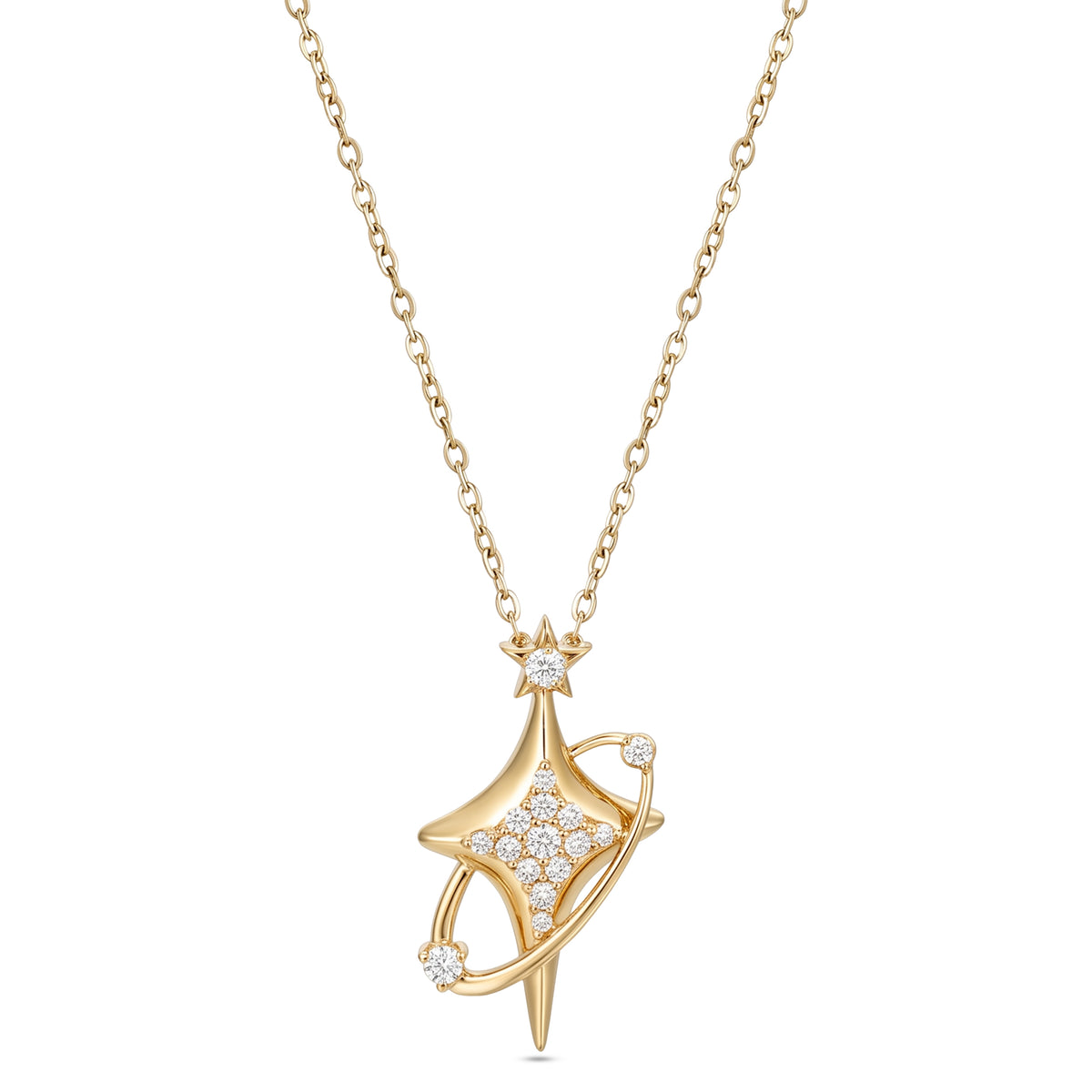 Astria 14K Gold North Star Pendant with Center Diamonds & Double Diamond Orbit