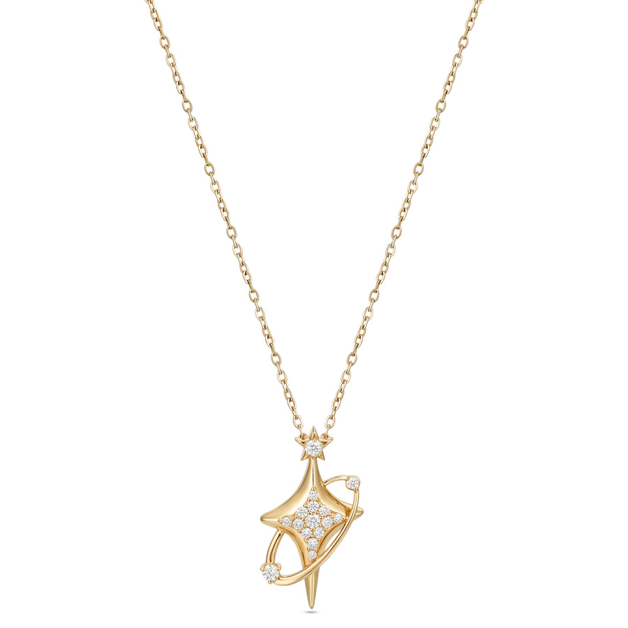 Astria 14K Gold North Star Pendant with Center Diamonds & Double Diamond Orbit