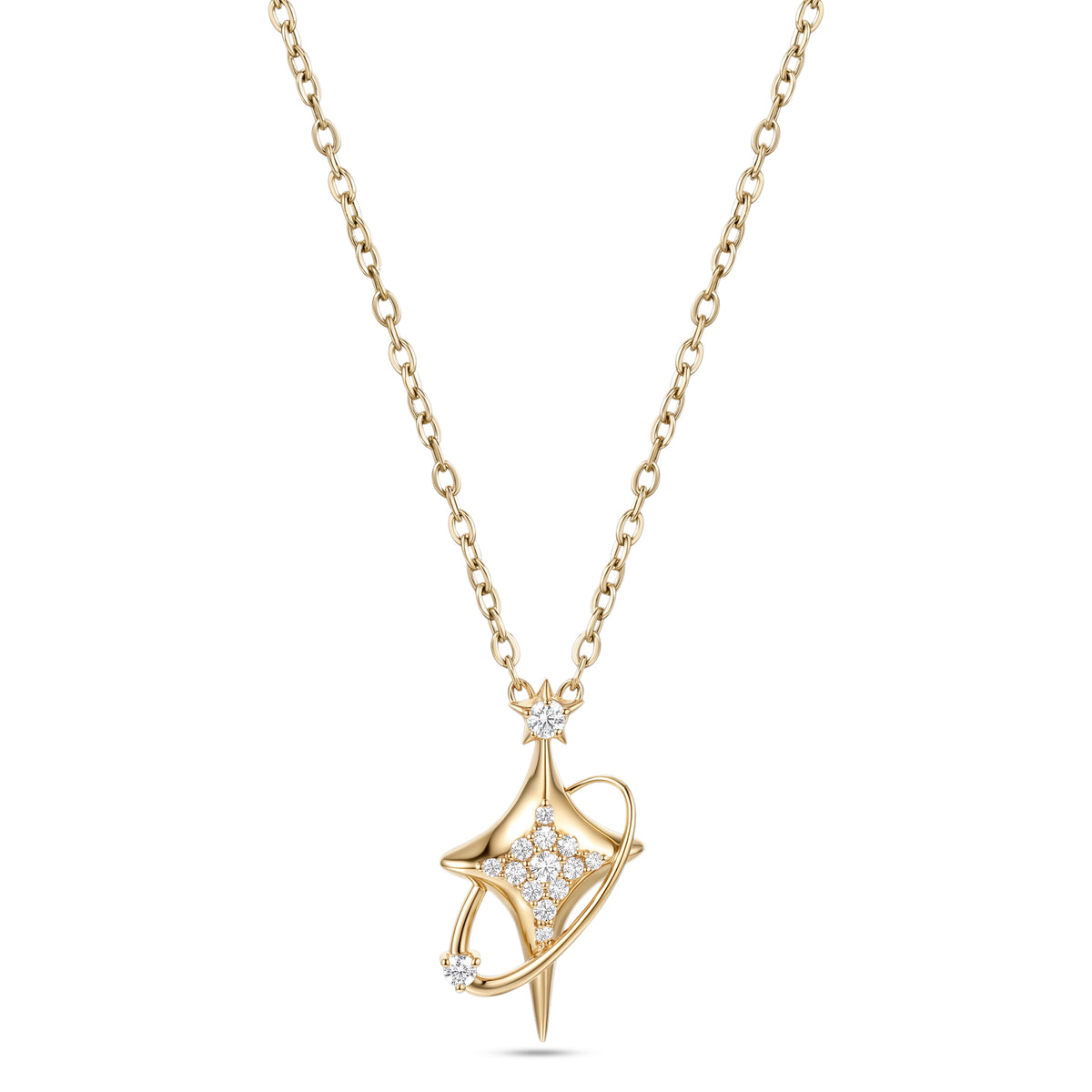 Astria 14K Gold North Star Pendant with Center Diamonds & Single Diamond Orbit
