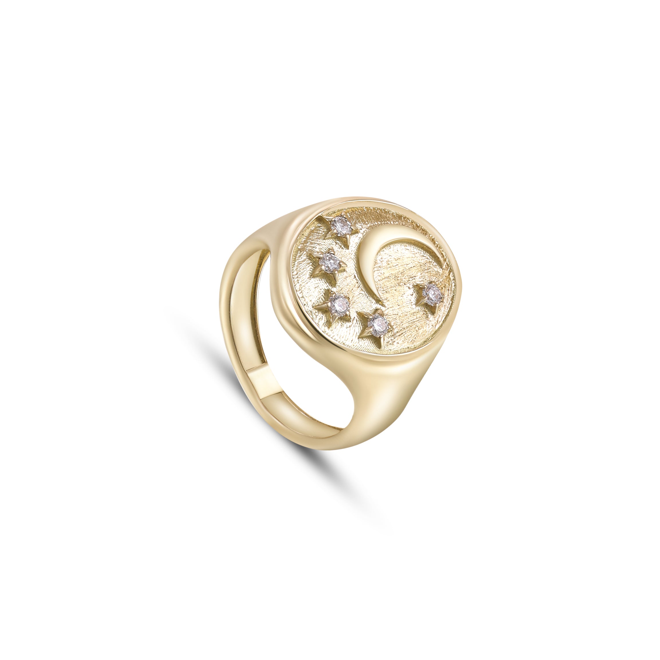 Astria 14K Gold Round Signet Ring with Crescent Moon & Diamond Stars