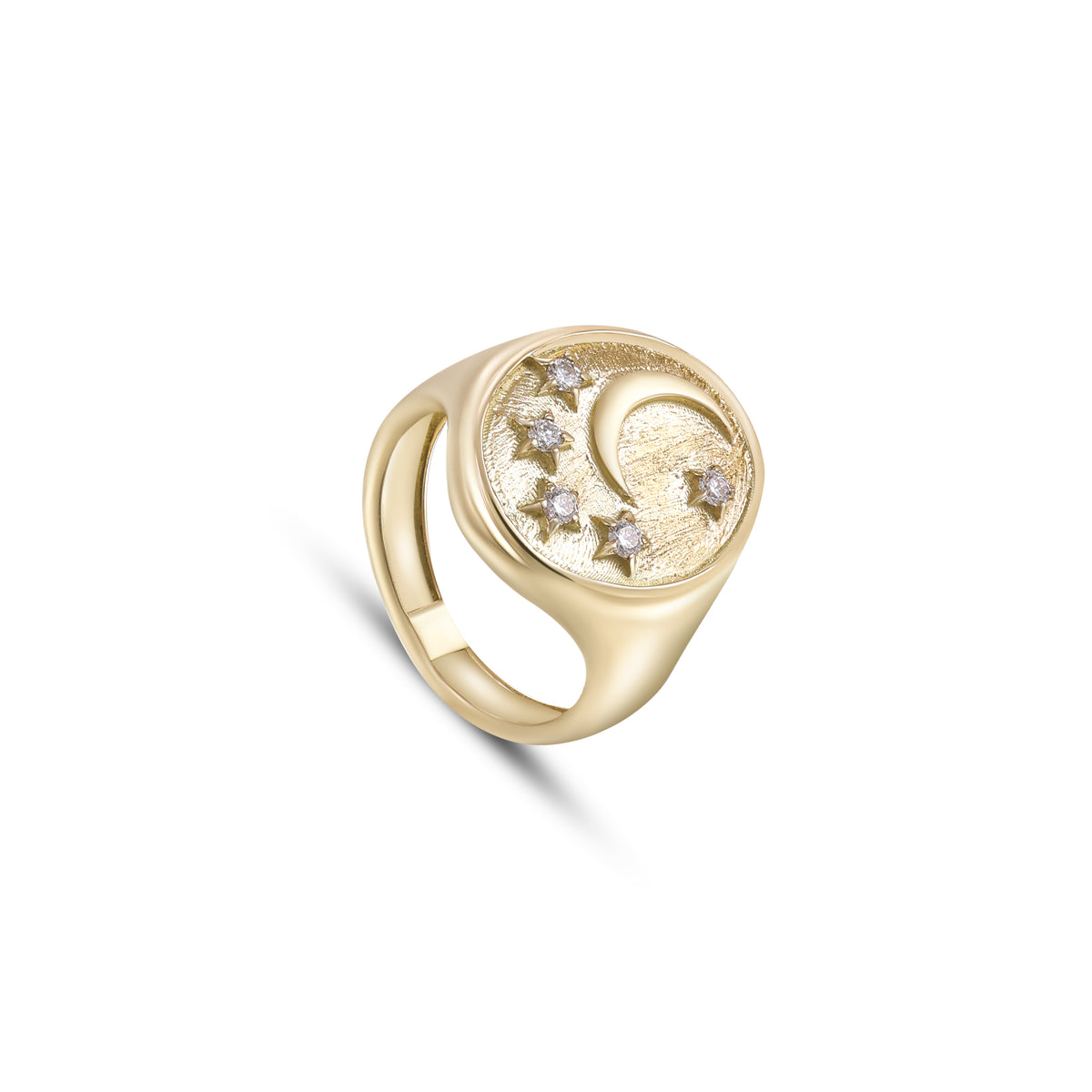Astria 14K Gold Round Signet Ring with Crescent Moon & Diamond Stars
