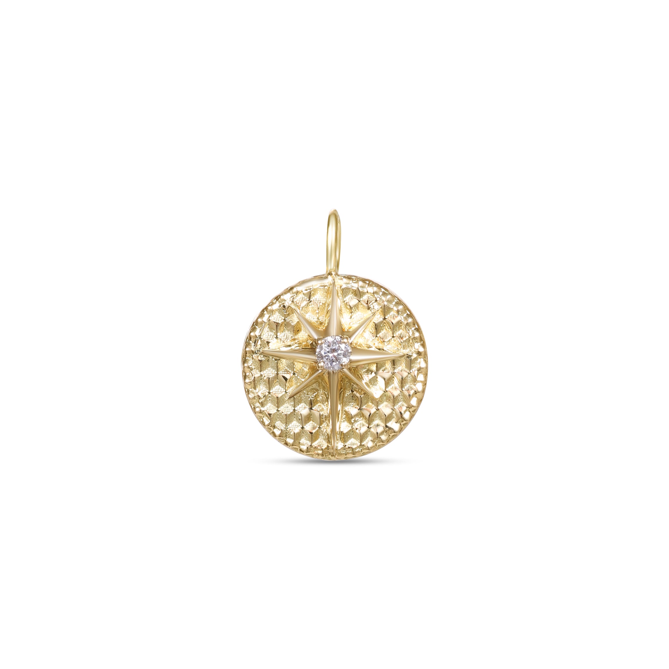 Astria 14K Gold Textured Circle North Star Charm with Center Diamond