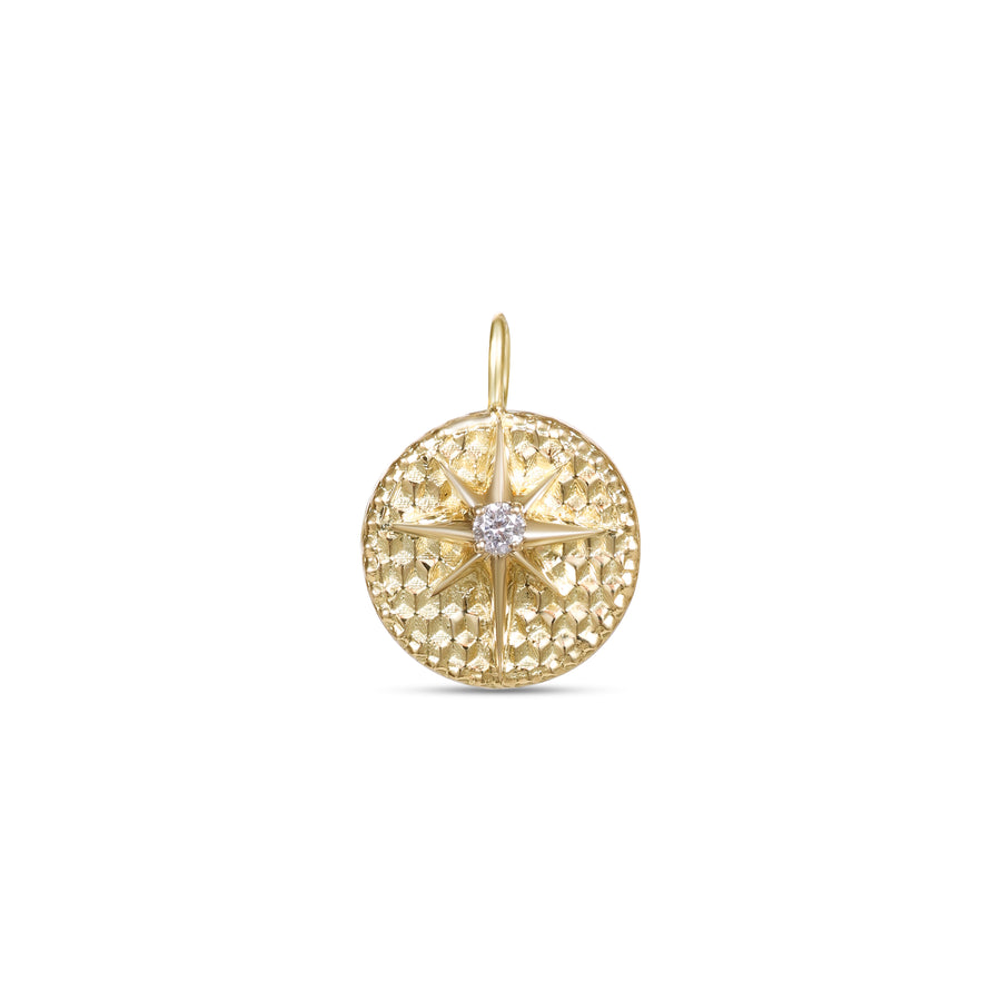 Astria 14K Gold Textured Circle North Star Charm with Center Diamond