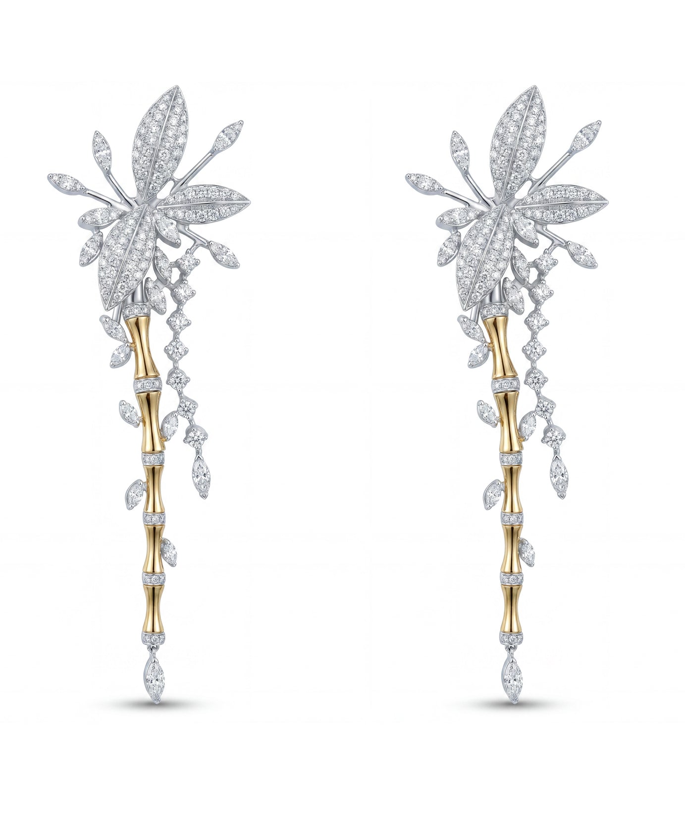 Limited Edition 18k Yellow Gold Lucky Bamboo Earrings with Centerpiece Flower Encrusted with Diamonds - B-LKES0827