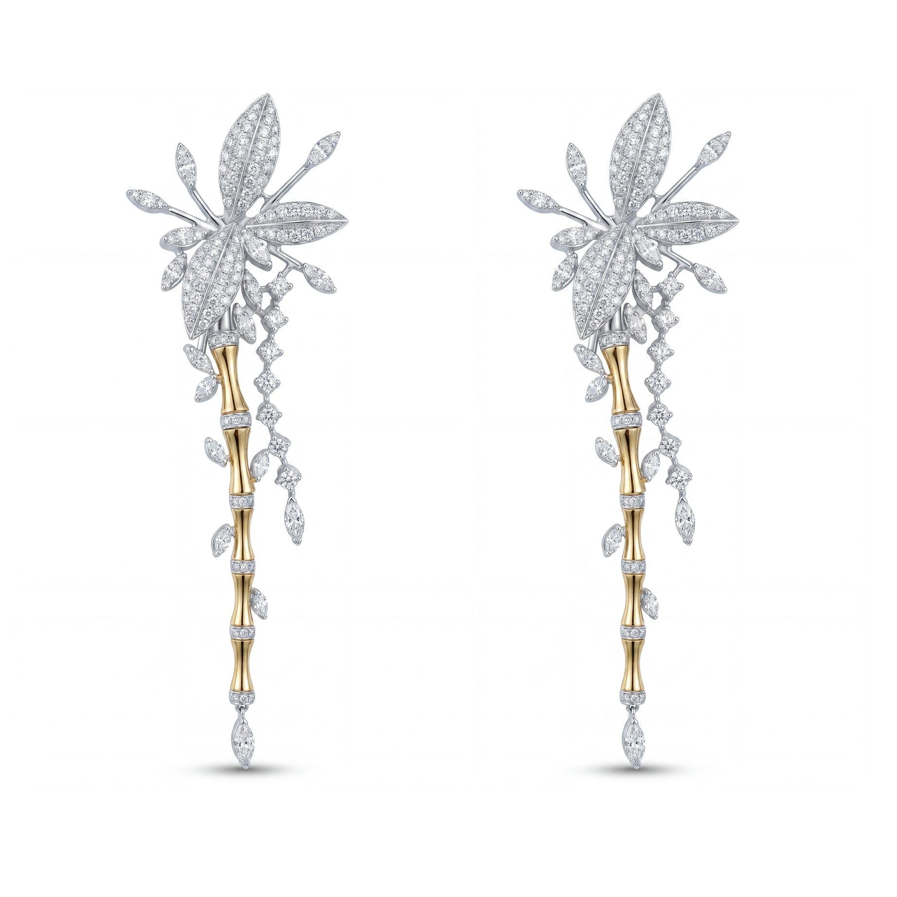 Limited Edition 18k Yellow Gold Lucky Bamboo Earrings with Centerpiece Flower Encrusted with Diamonds - B-LKES0827