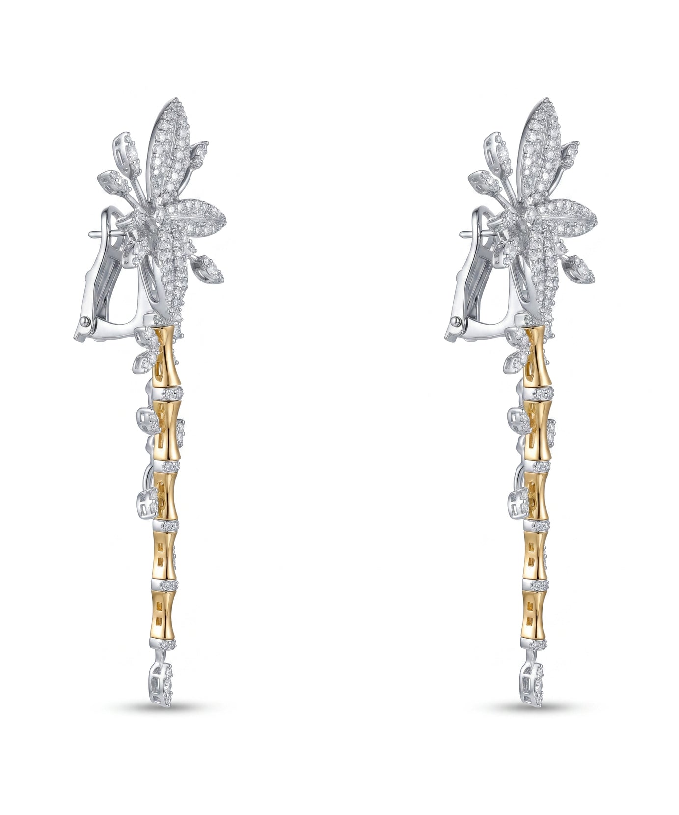 Limited Edition 18k Yellow Gold Lucky Bamboo Earrings with Centerpiece Flower Encrusted with Diamonds - B-LKES0827