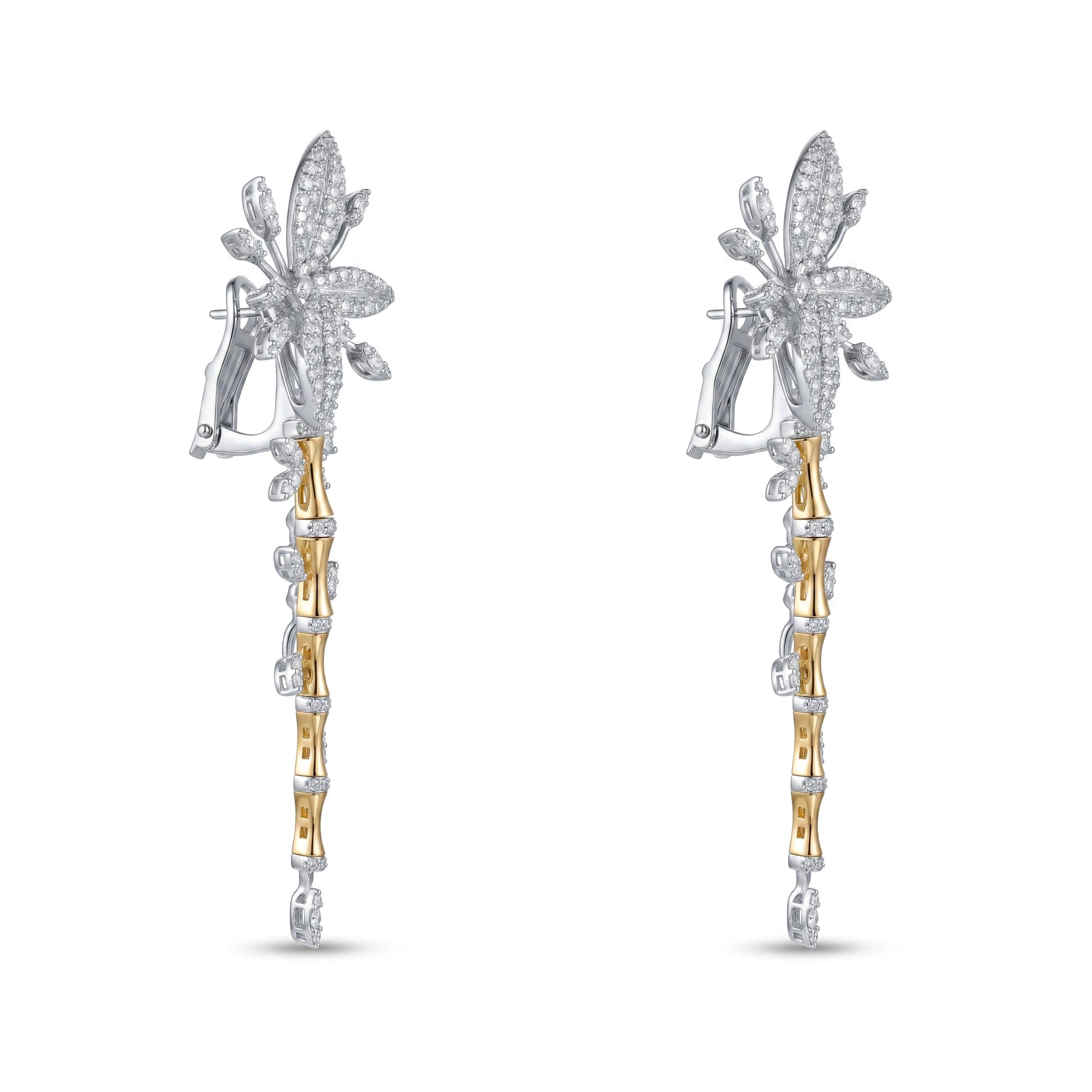 Limited Edition 18k Yellow Gold Lucky Bamboo Earrings with Centerpiece Flower Encrusted with Diamonds - B-LKES0827