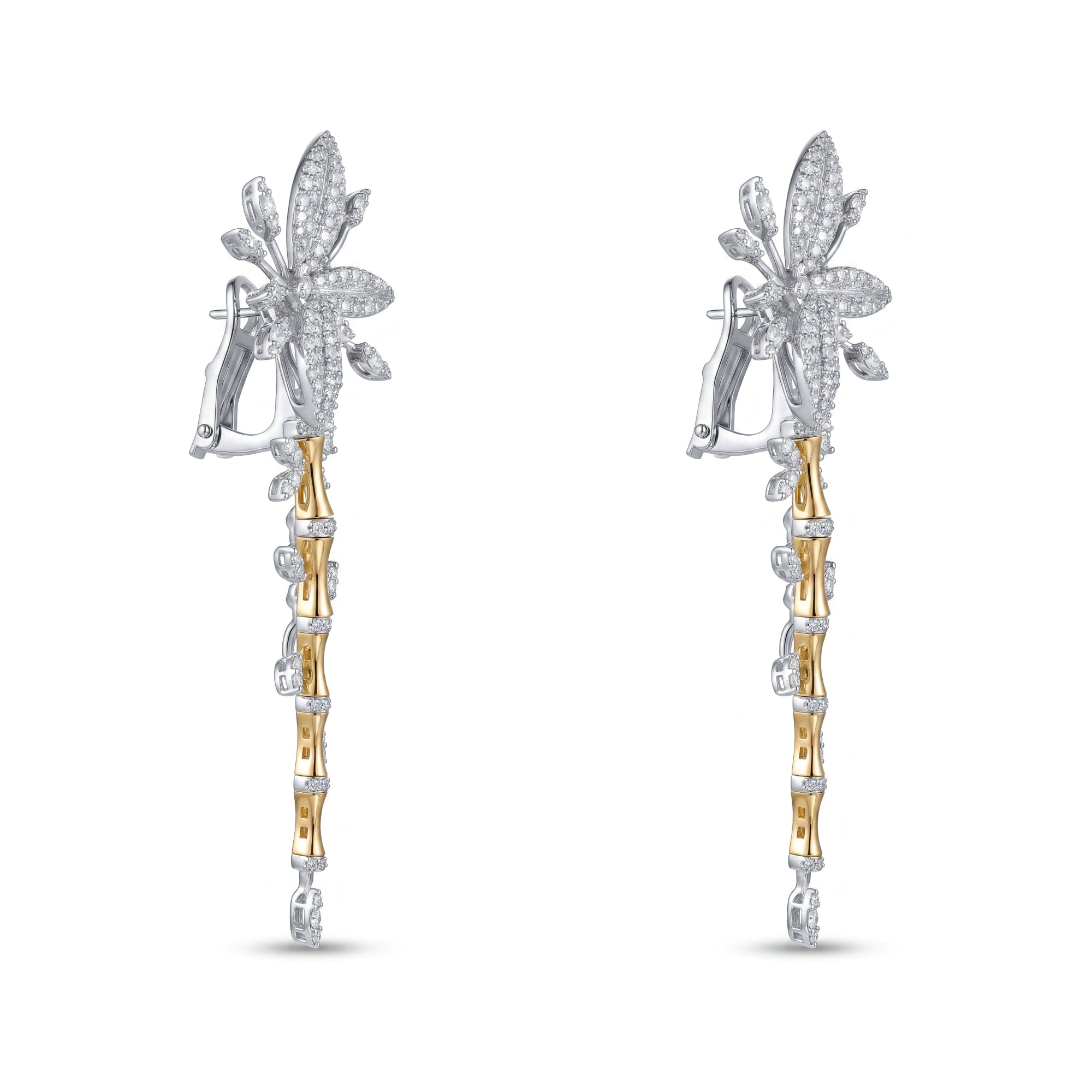 Limited Edition 18k Yellow Gold Lucky Bamboo Earrings with Centerpiece Flower Encrusted with Diamonds - B-LKES0827