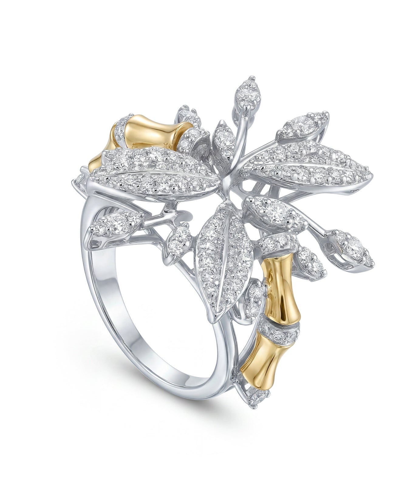 Limited Edition 18k Yellow Gold Lucky Bamboo Ring with Centerpiece Flower Encrusted with Diamonds - B-LKRS0827