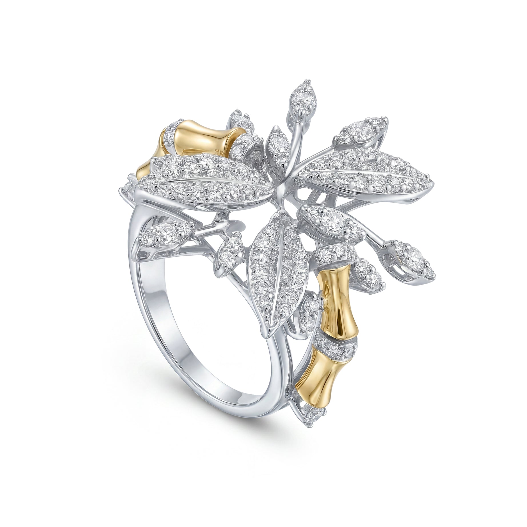 Limited Edition 18k Yellow Gold Lucky Bamboo Ring with Centerpiece Flower Encrusted with Diamonds - B-LKRS0827