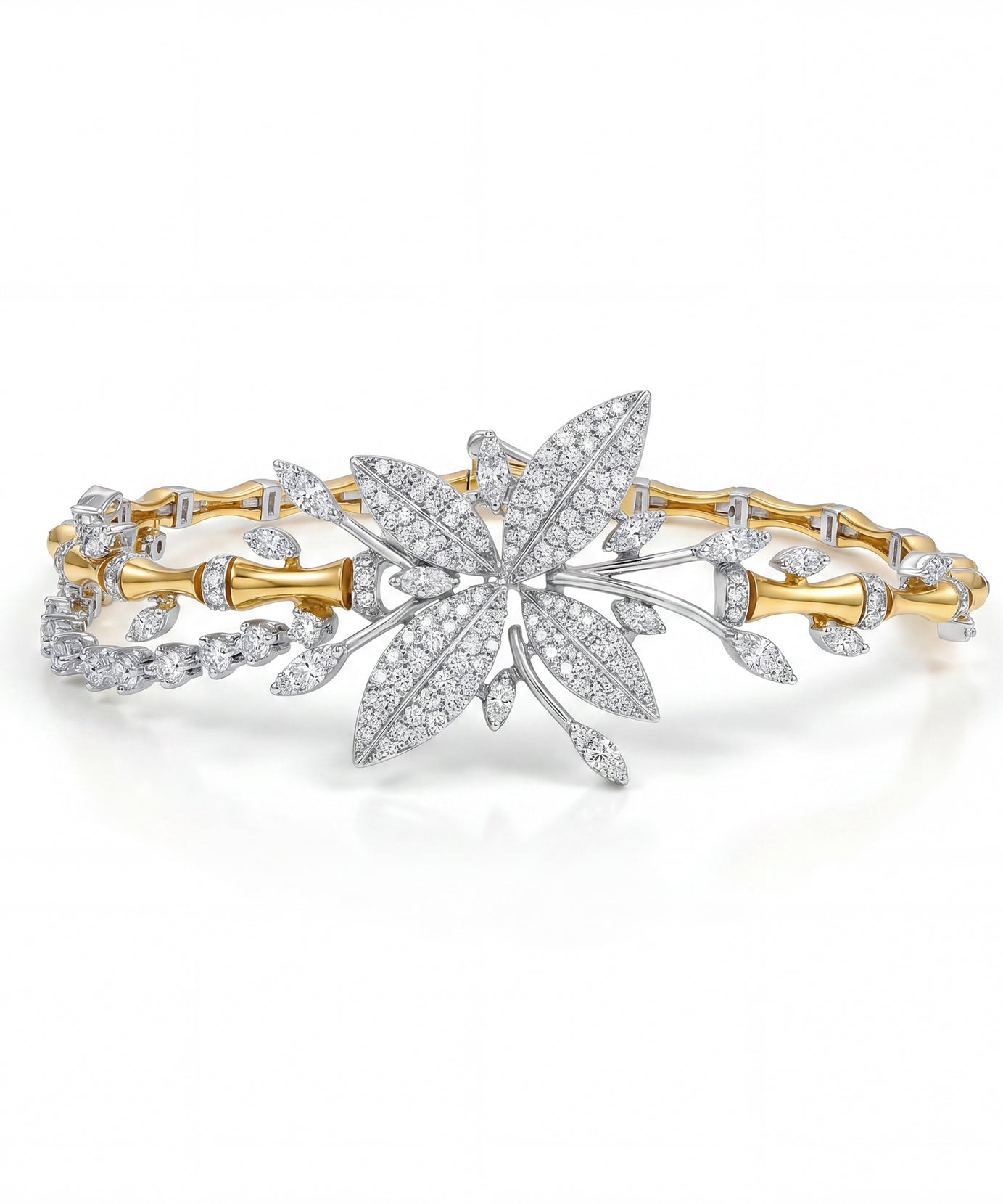 Limited Edition 18k Yellow Gold Lucky Bamboo Bracelet with Centerpiece Flower Encrusted with Diamonds - B-LKBS0827