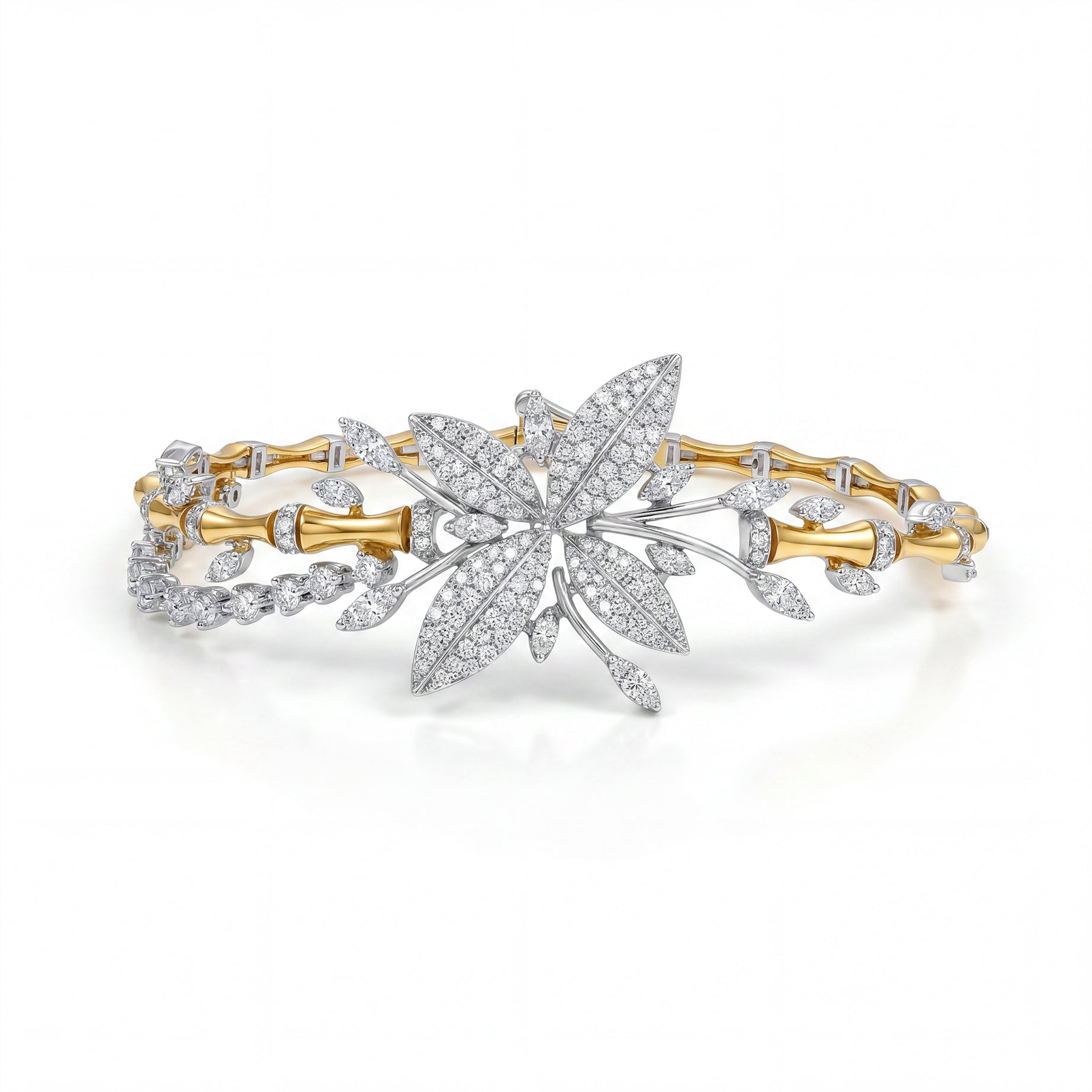 Limited Edition 18k Yellow Gold Lucky Bamboo Bracelet with Centerpiece Flower Encrusted with Diamonds - B-LKBS0827