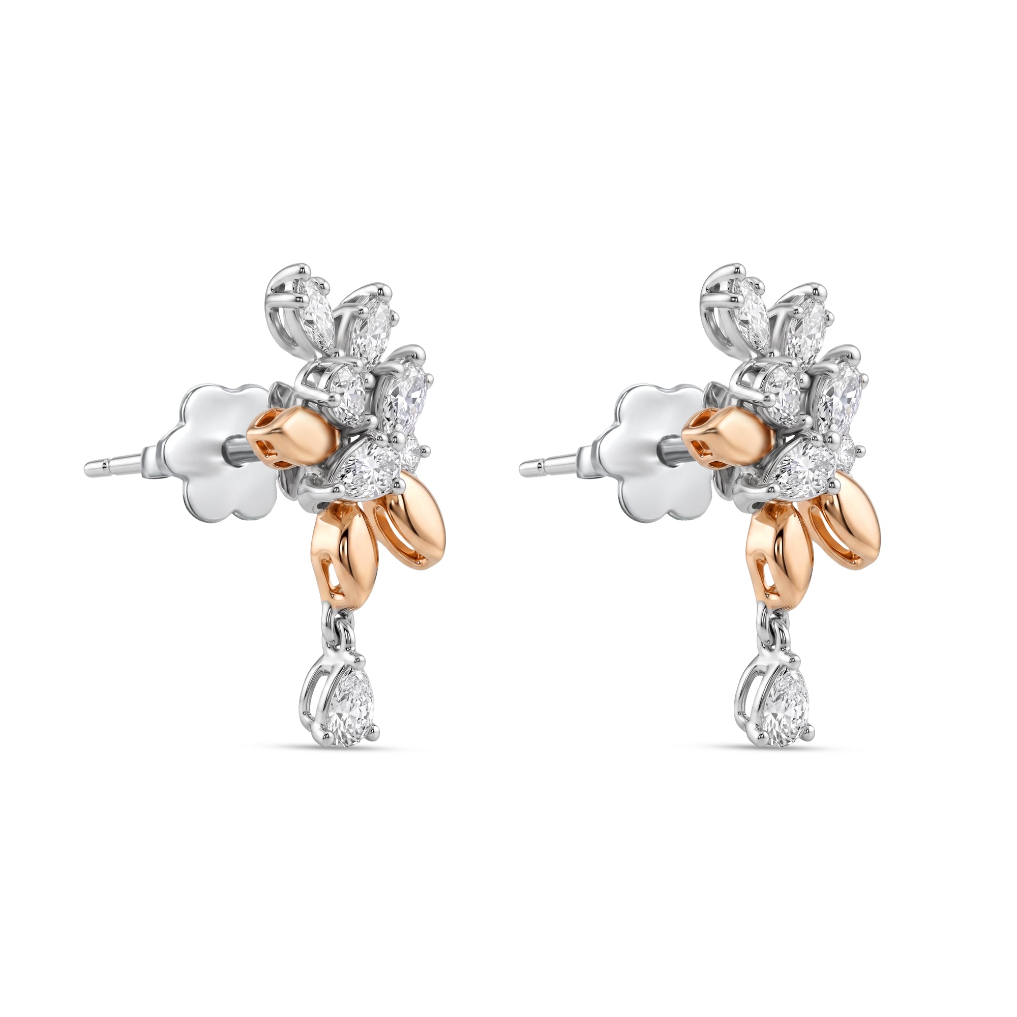 18k White Gold Grace Flowerburst Earrings with Hanging Diamond - B-XLK4525E