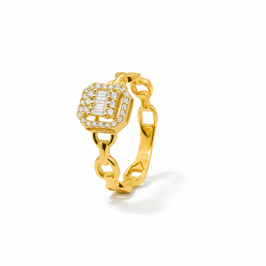 18K Yellow Gold Diamond Ring with Linked Chain Design - S-X242R