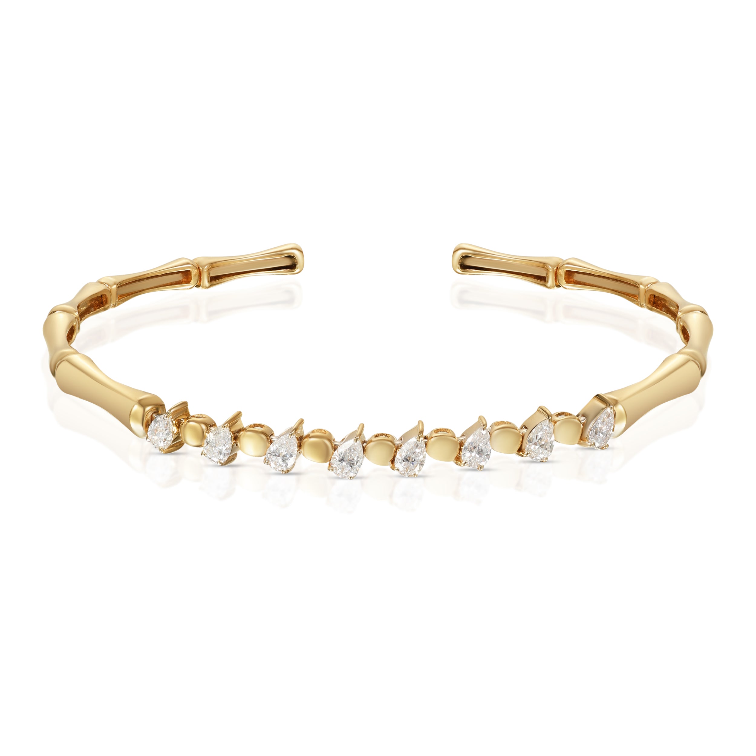 18k Yellow Gold Bamboo Bangle with Pear Diamonds - S-H089BX