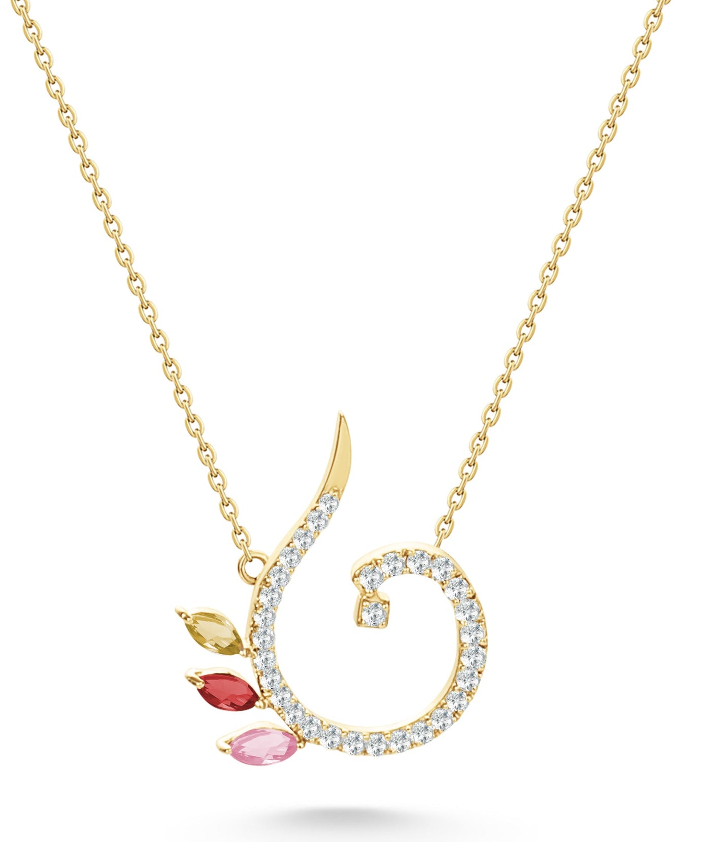 18K Yellow Gold Necklace Arabic "ن" Letter with Multicolor Stones - S-P661SE