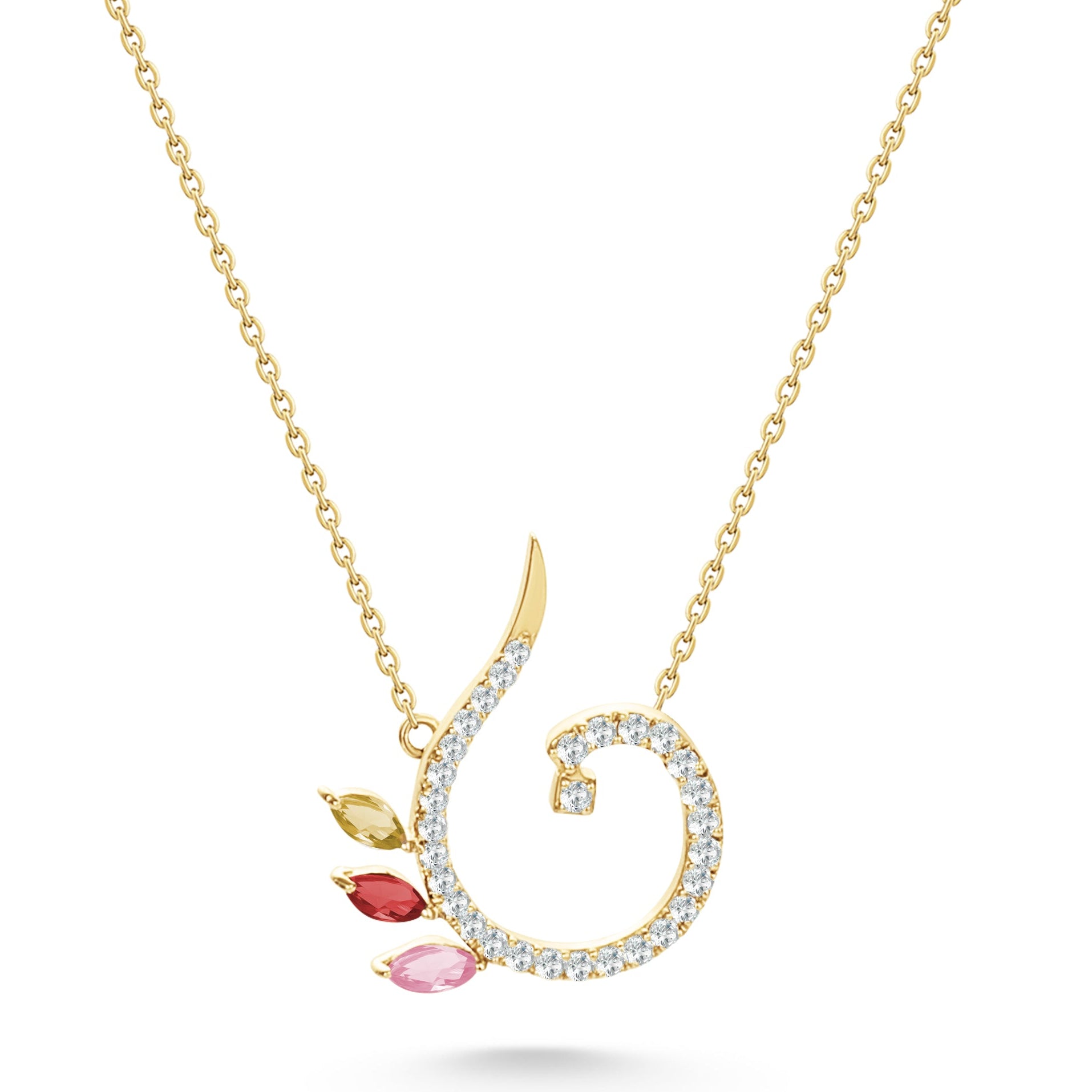 18K Yellow Gold Necklace Arabic "ن" Letter with Multicolor Stones - S-P661SE