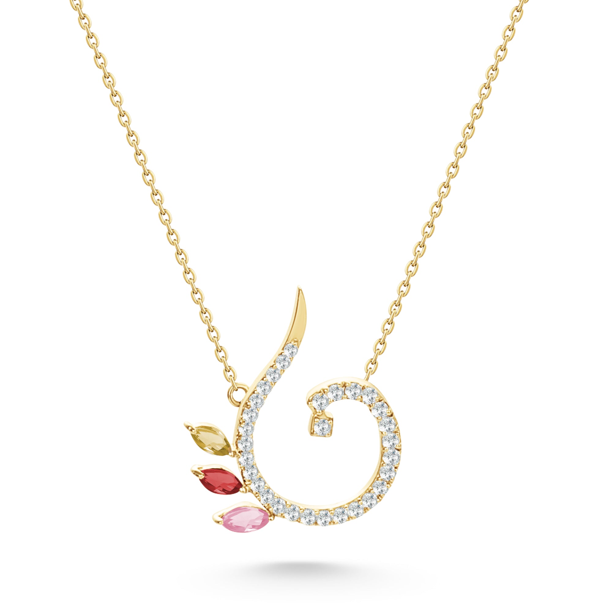 18K Yellow Gold Necklace Arabic "ن" Letter with Multicolor Stones - S-P661SE