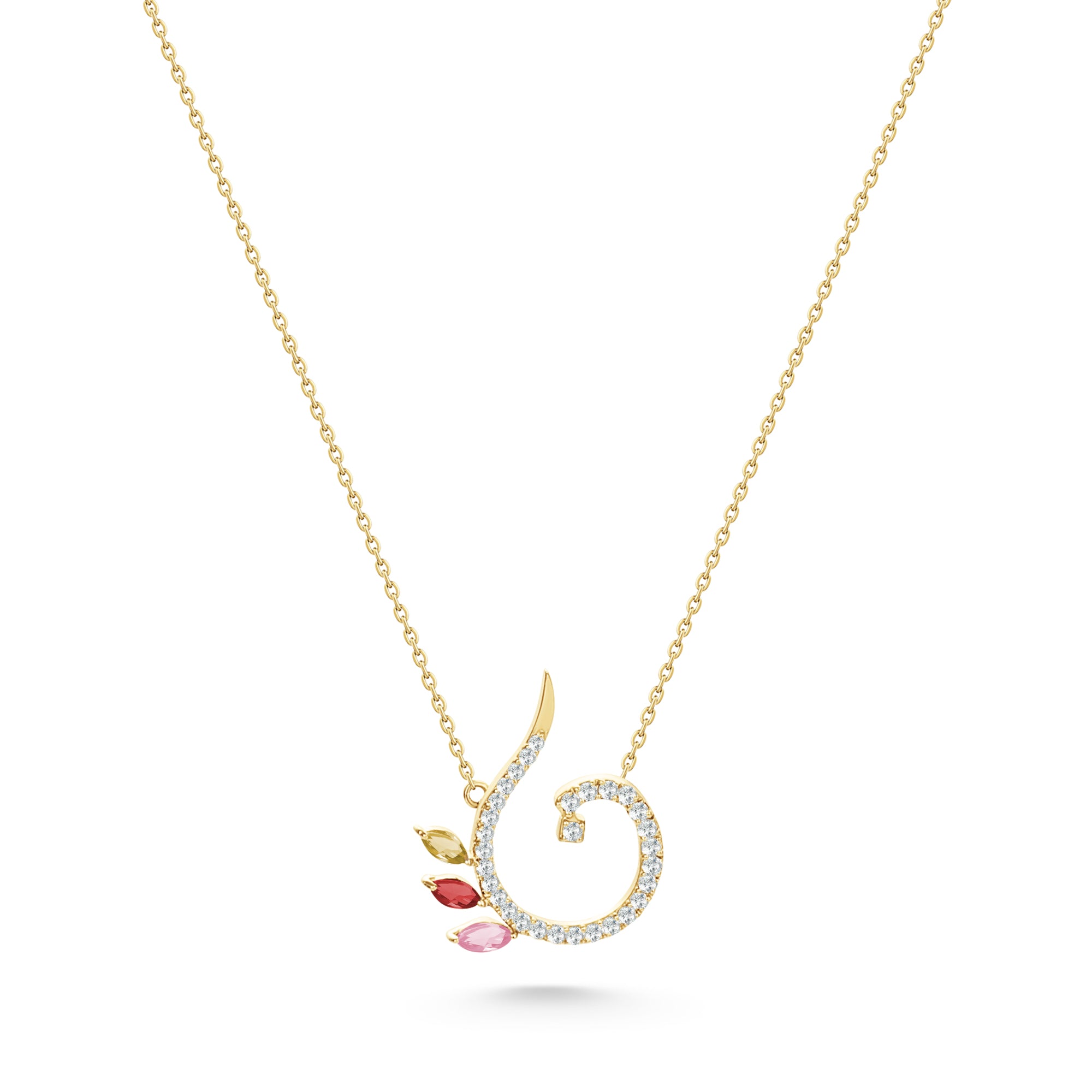 18K Yellow Gold Necklace Arabic "ن" Letter with Multicolor Stones - S-P661SE