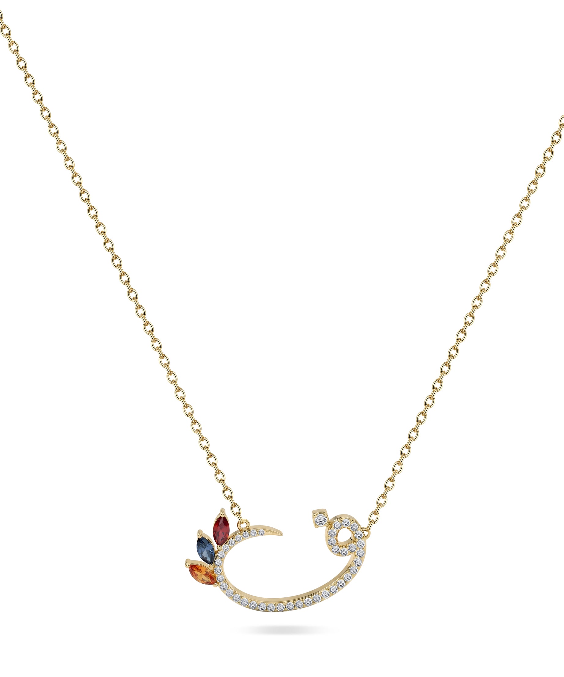 18K Yellow Gold Necklace Arabic "ف" Letter  with Multicolor Stones - S-P661SG