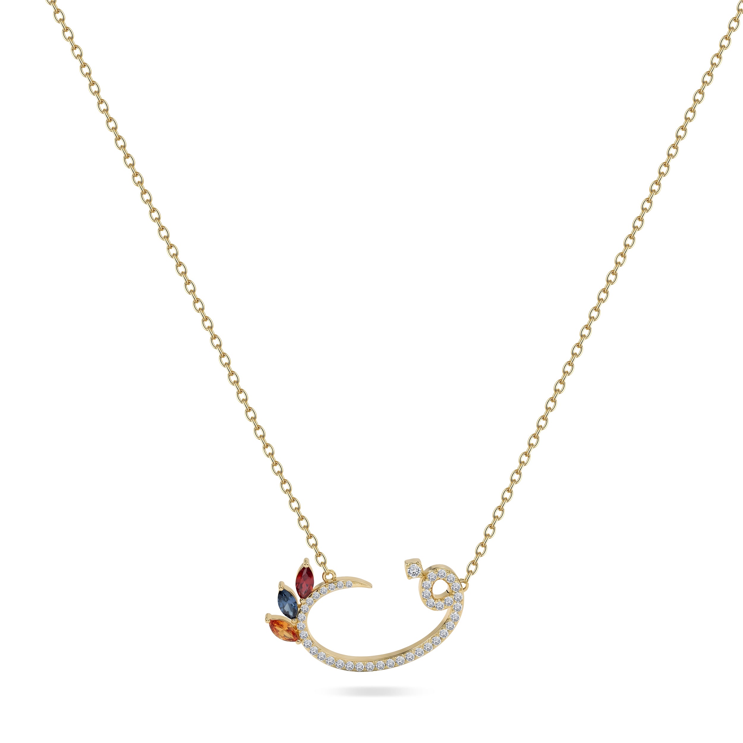 18K Yellow Gold Necklace Arabic "ف" Letter  with Multicolor Stones - S-P661SG