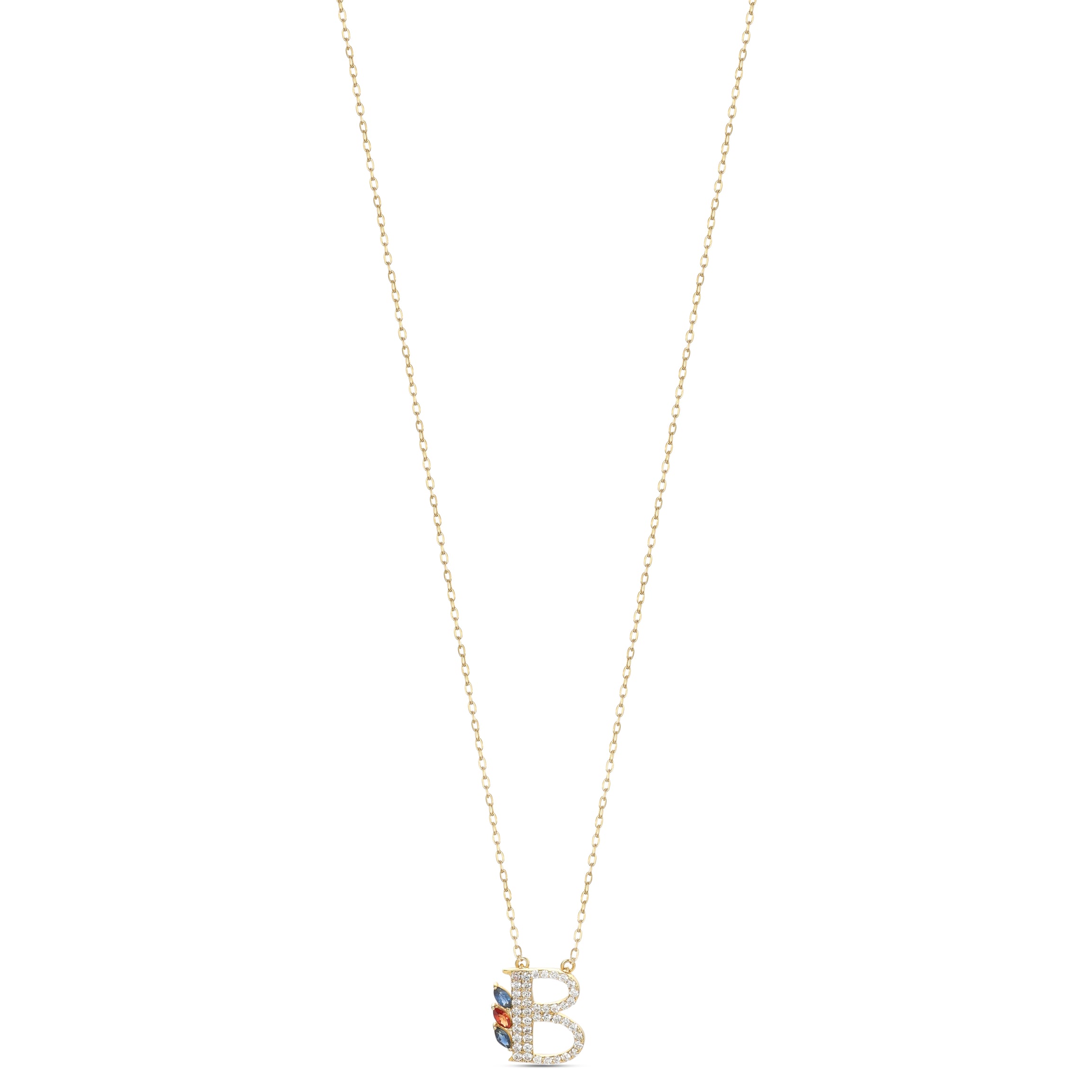 18K Yellow Gold Necklace English "B" Letter  with Multicolor Stones - S-P664BS