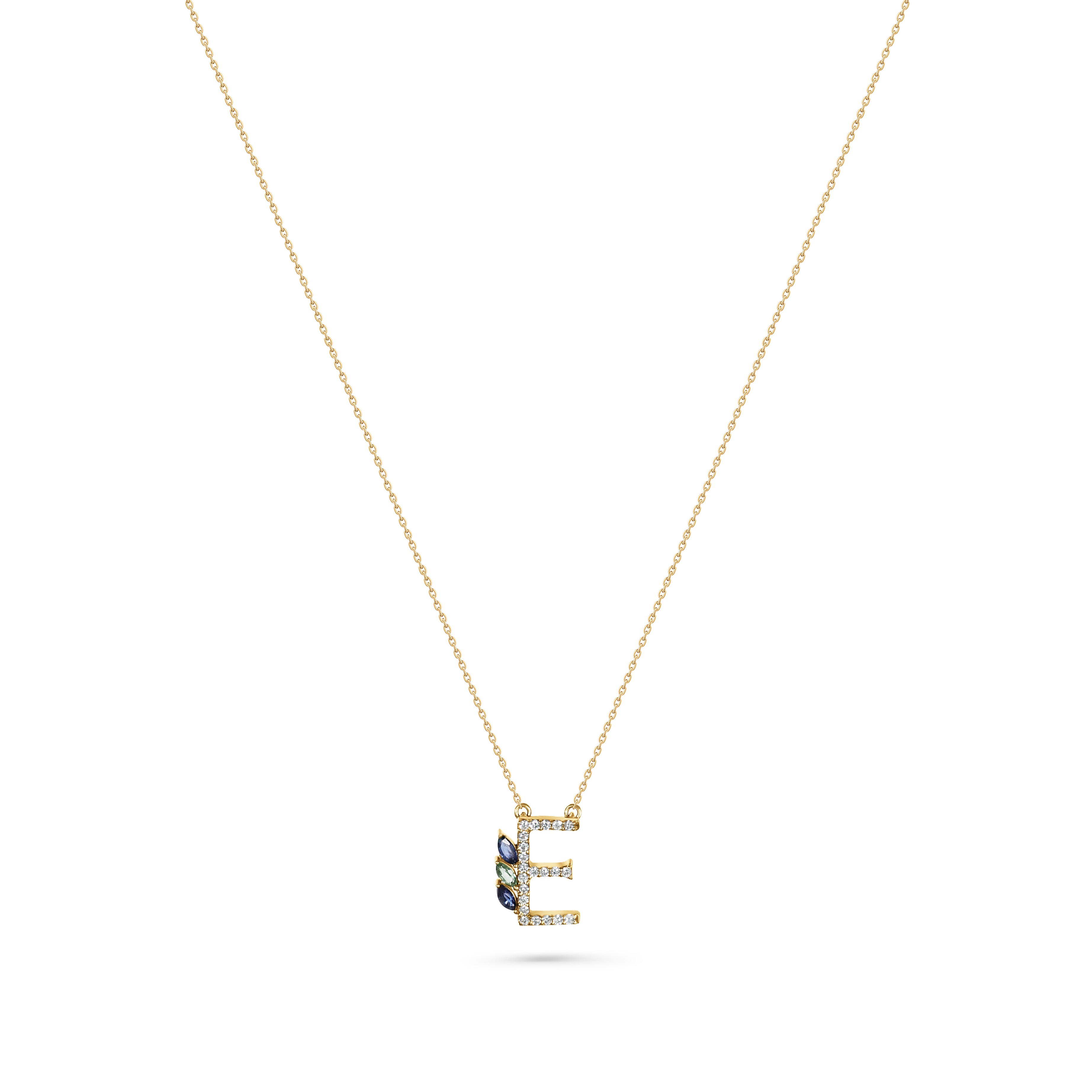 18K Yellow Gold Necklace English "E" Letter  with Multicolor Stones - S-P664ES