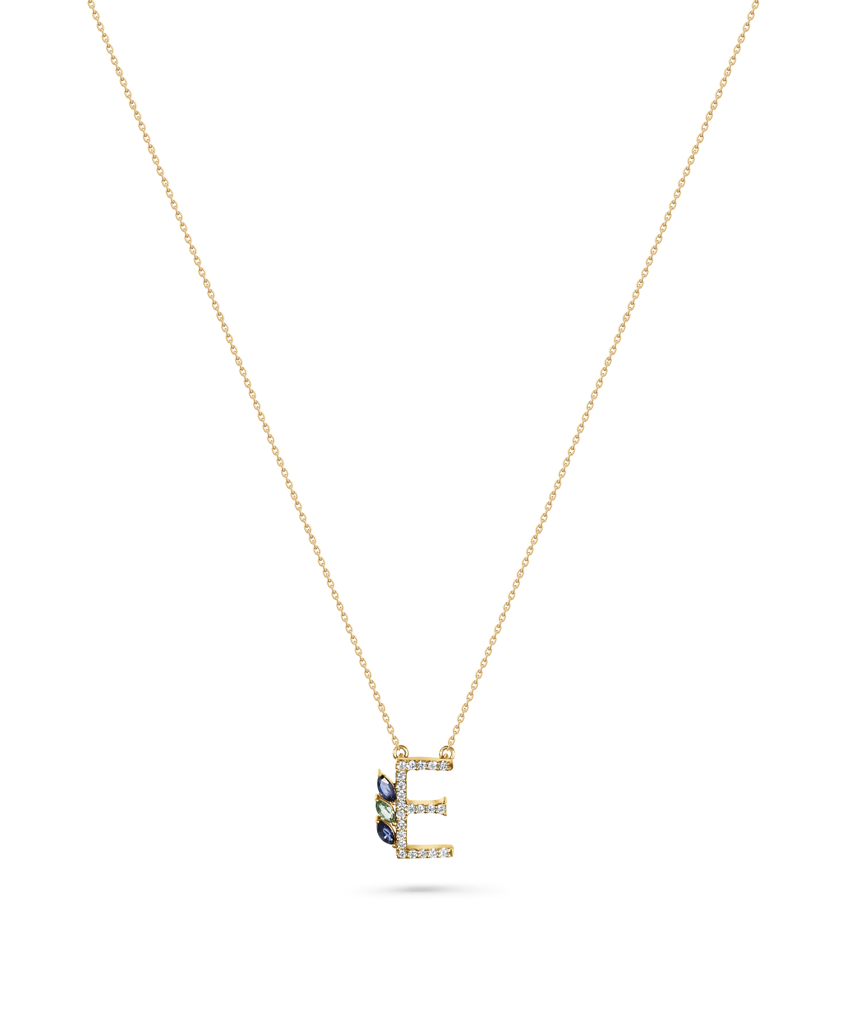 18K Yellow Gold Necklace English "E" Letter  with Multicolor Stones - S-P664ES