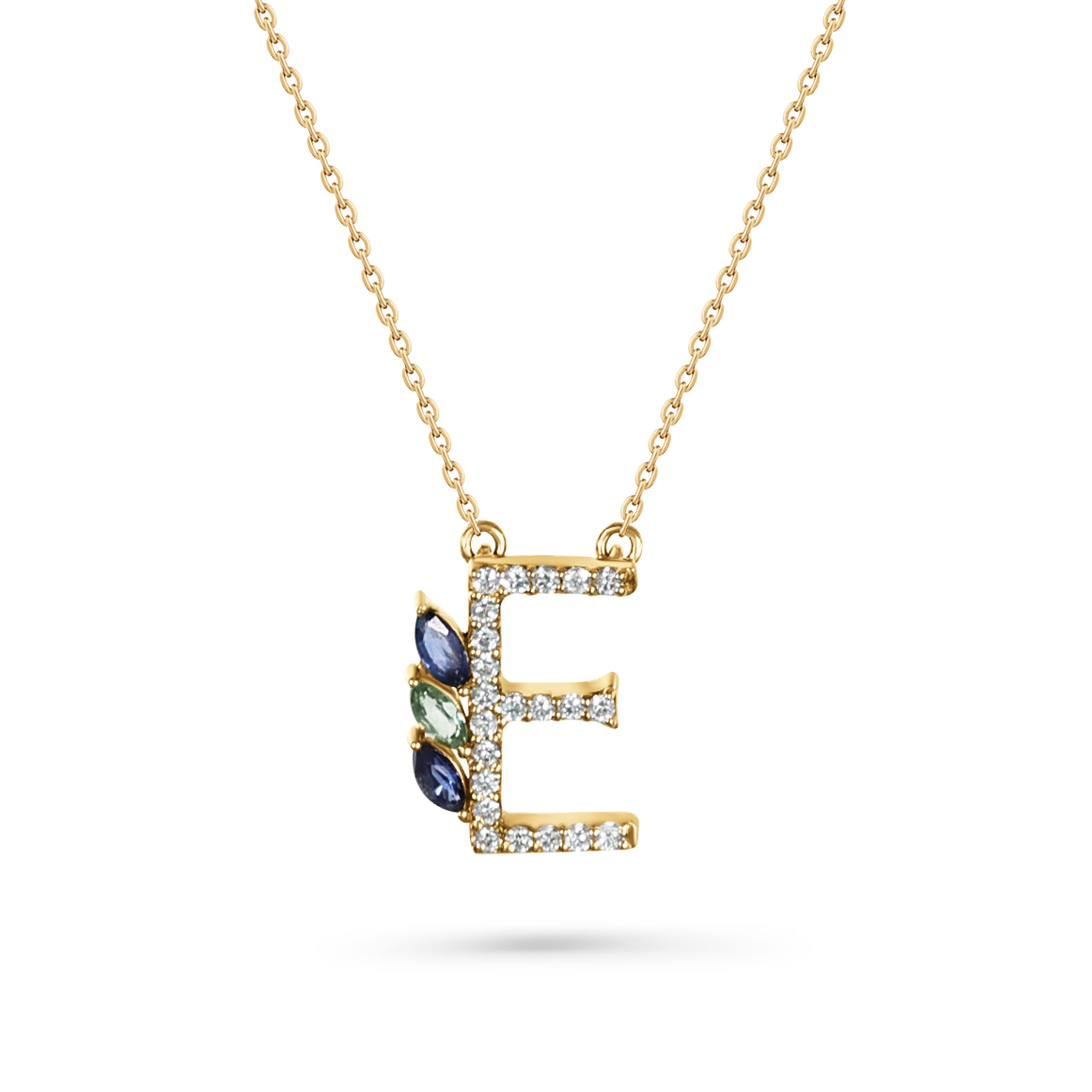 18K Yellow Gold Necklace English "E" Letter  with Multicolor Stones - S-P664ES