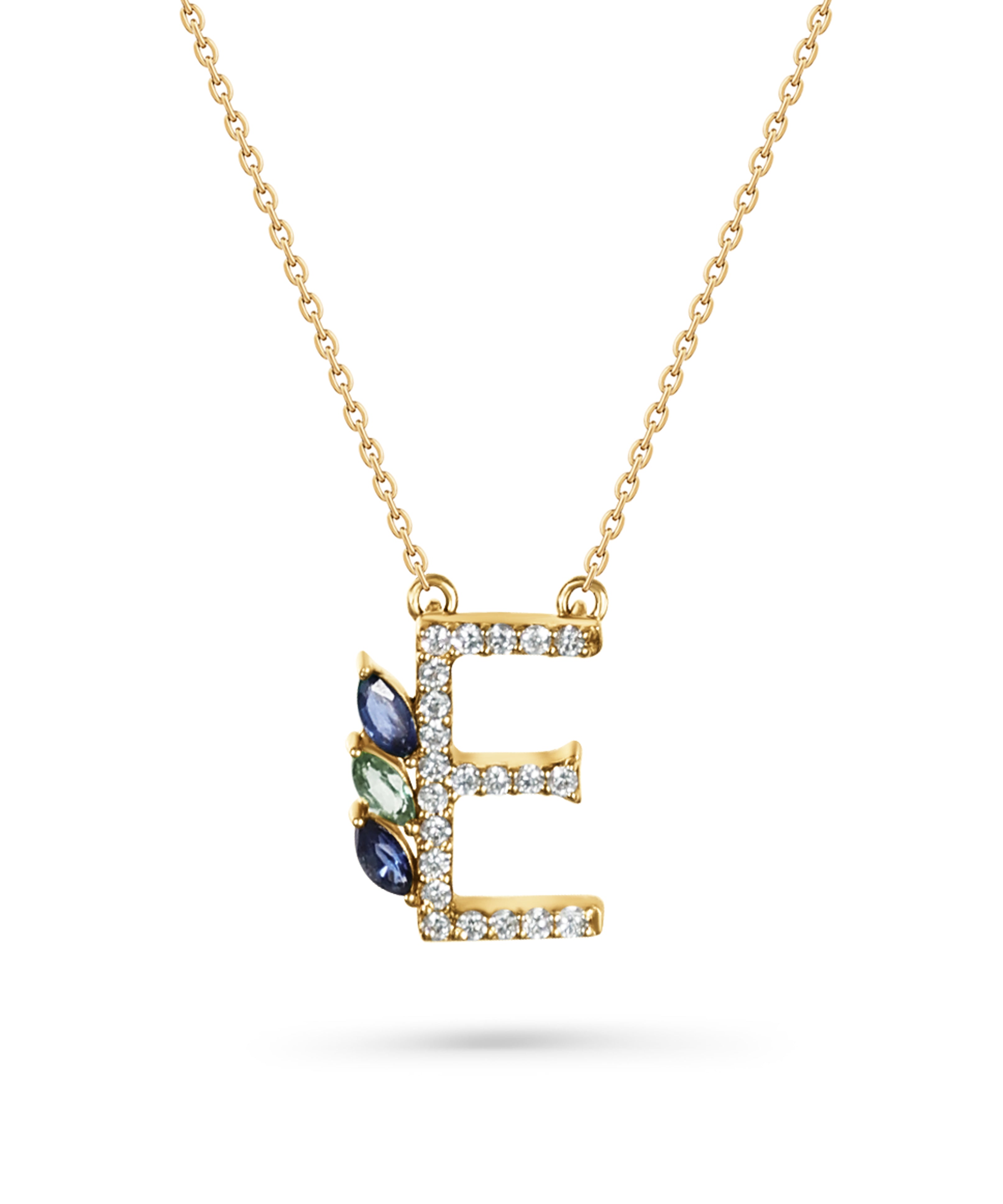 18K Yellow Gold Necklace English "E" Letter  with Multicolor Stones - S-P664ES