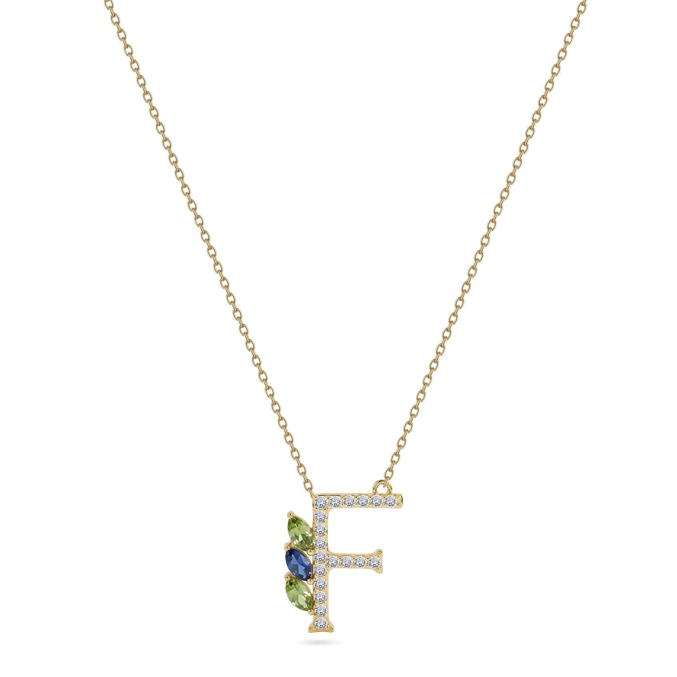 18K Yellow Gold Necklace English "F" Letter  with Multicolor Stones - S-P664FS