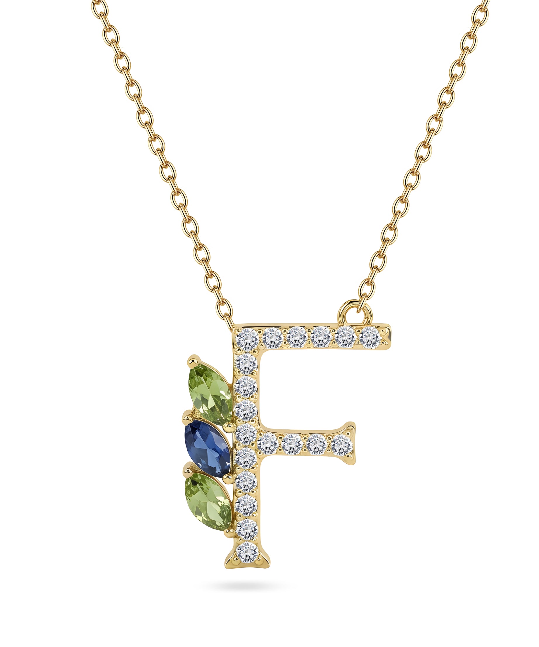 18K Yellow Gold Necklace English "F" Letter  with Multicolor Stones - S-P664FS