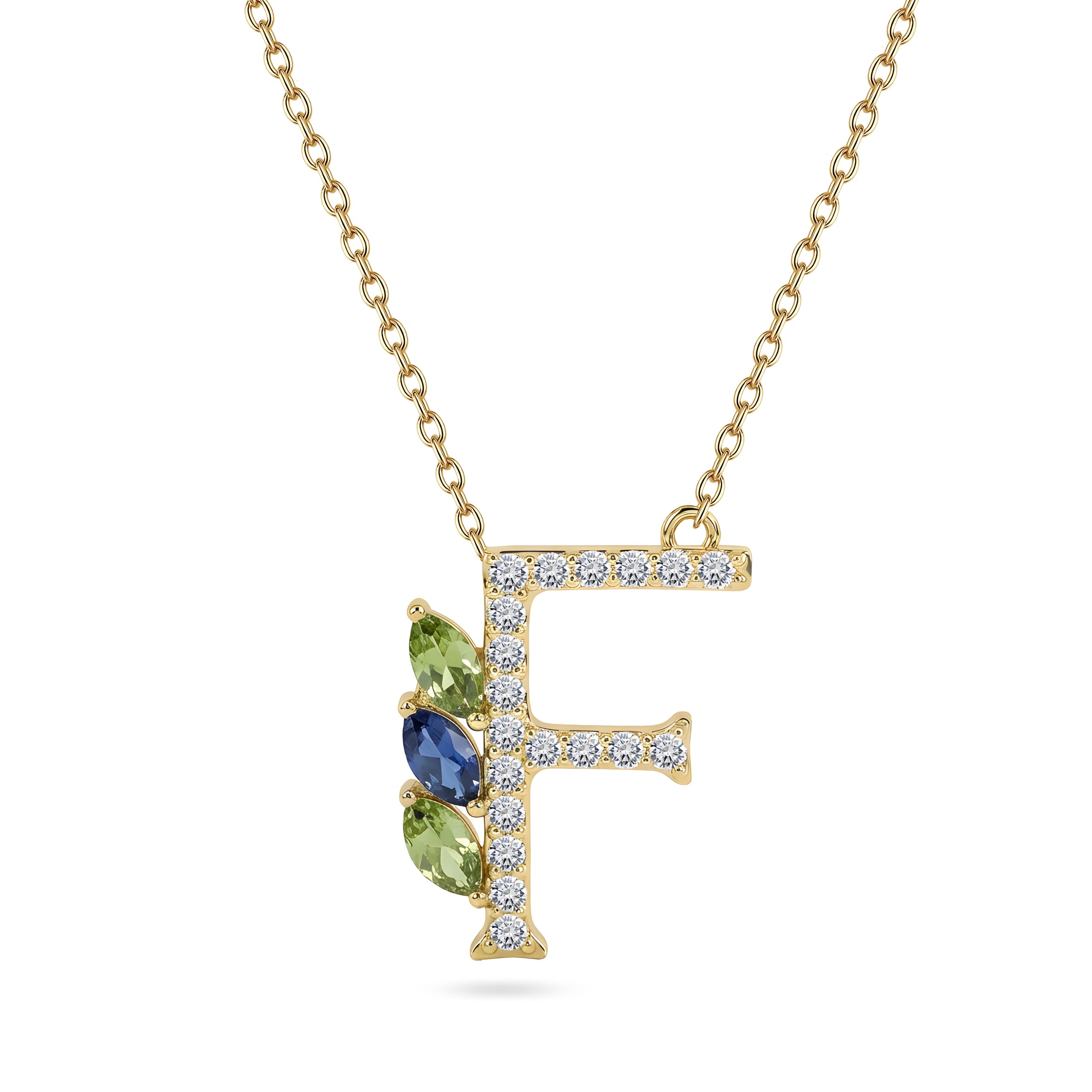18K Yellow Gold Necklace English "F" Letter  with Multicolor Stones - S-P664FS