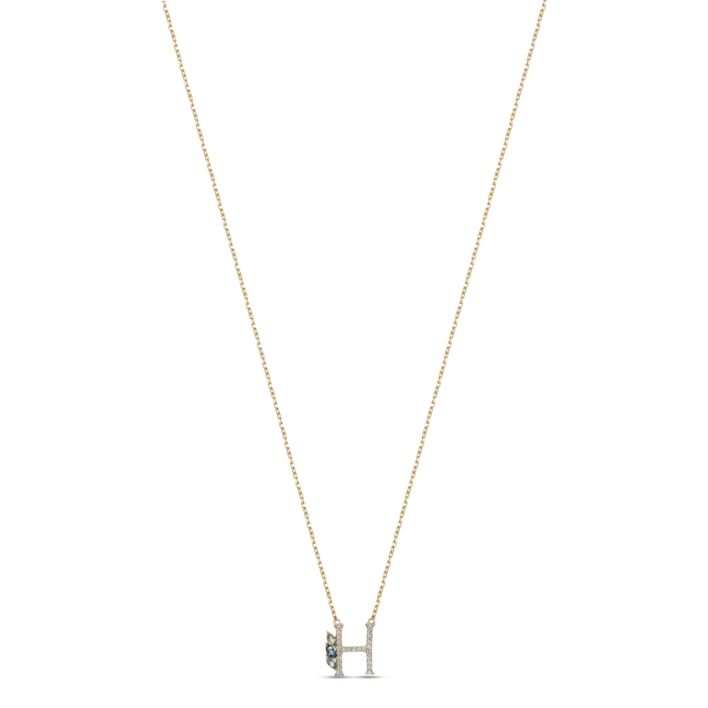 18K Yellow Gold Necklace English "H" Letter  with Multicolor Stones - S-P664HS