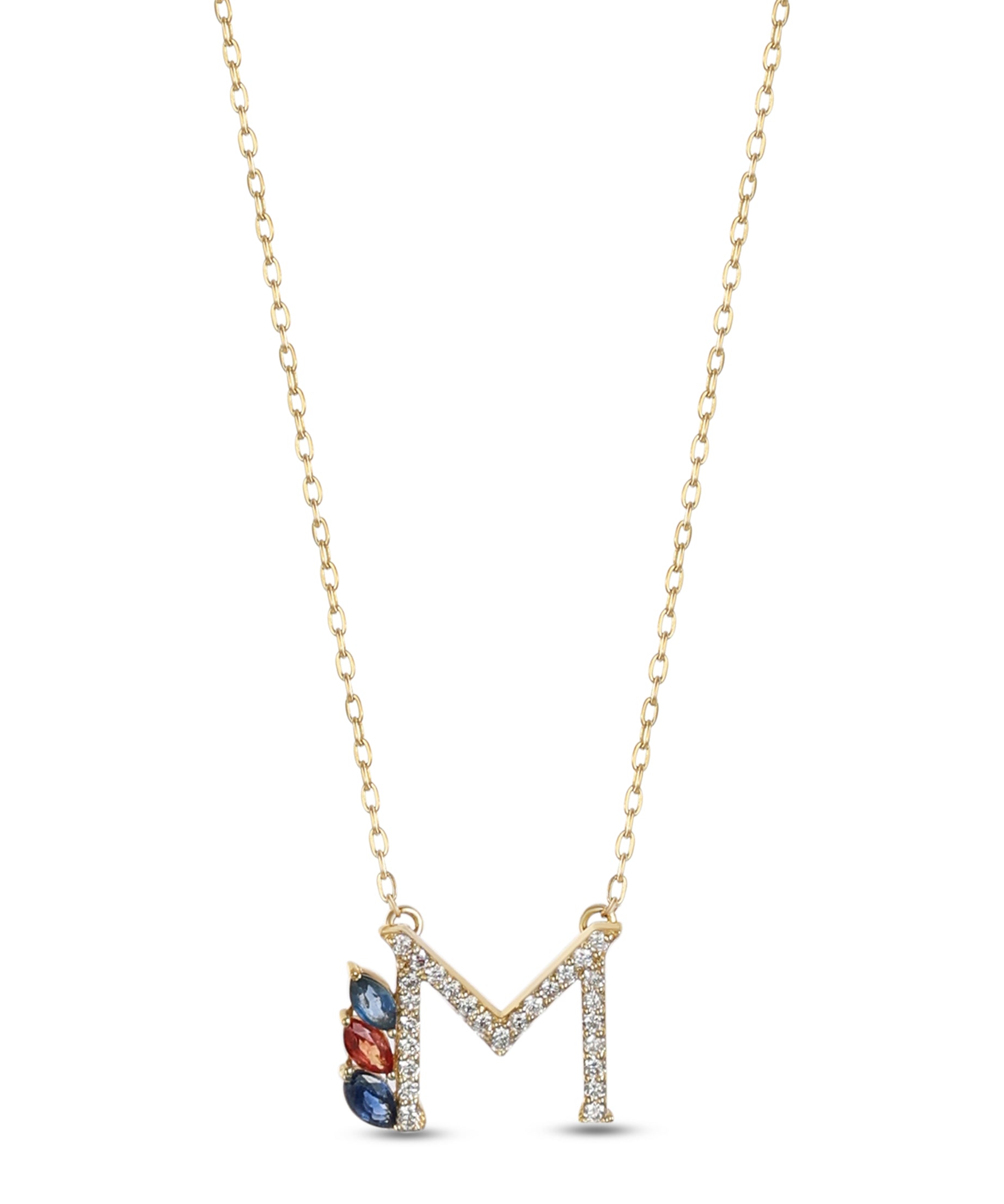 18K Yellow Gold Necklace English "M" Letter  with Multicolor Stones - S-P664MS