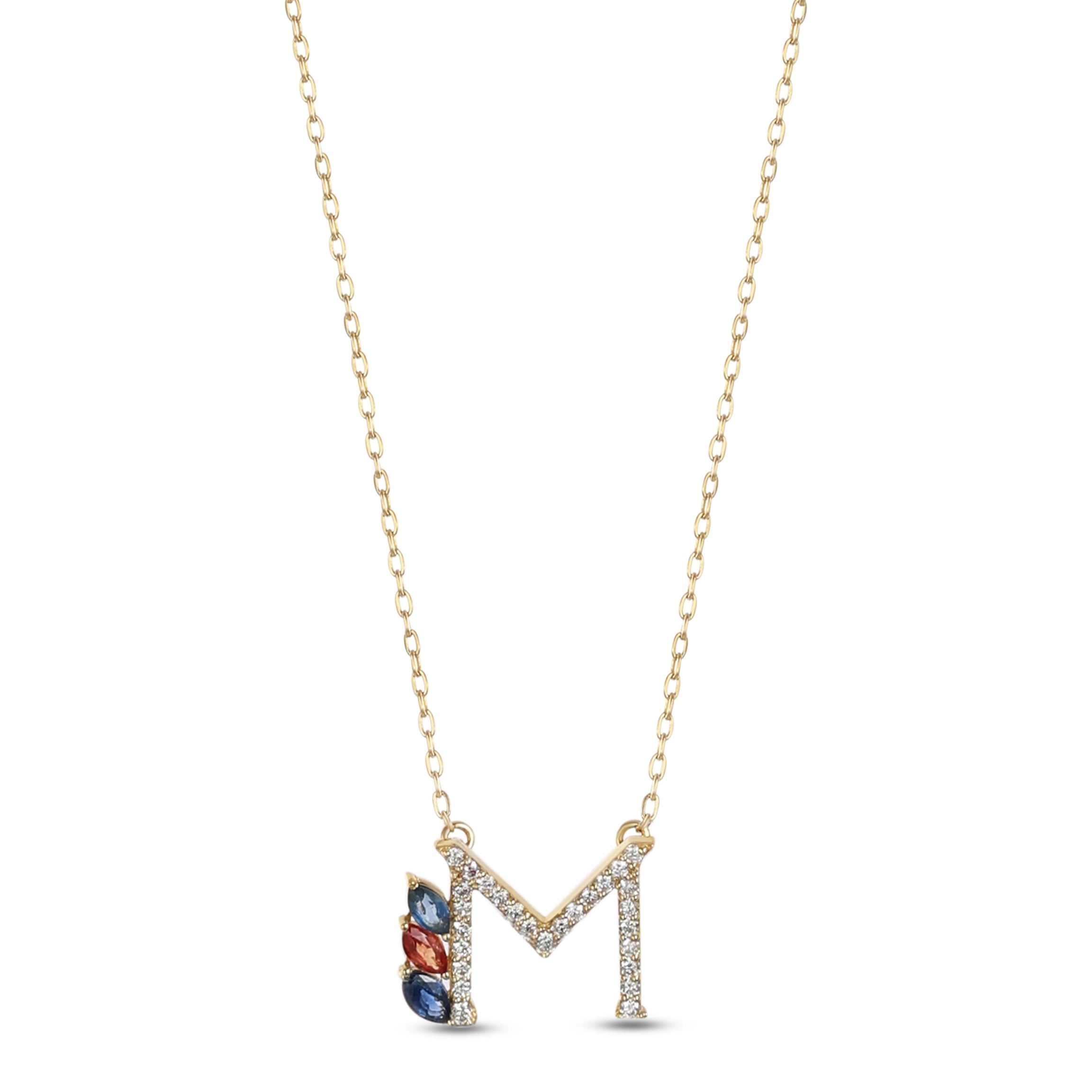 18K Yellow Gold Necklace English "M" Letter  with Multicolor Stones - S-P664MS