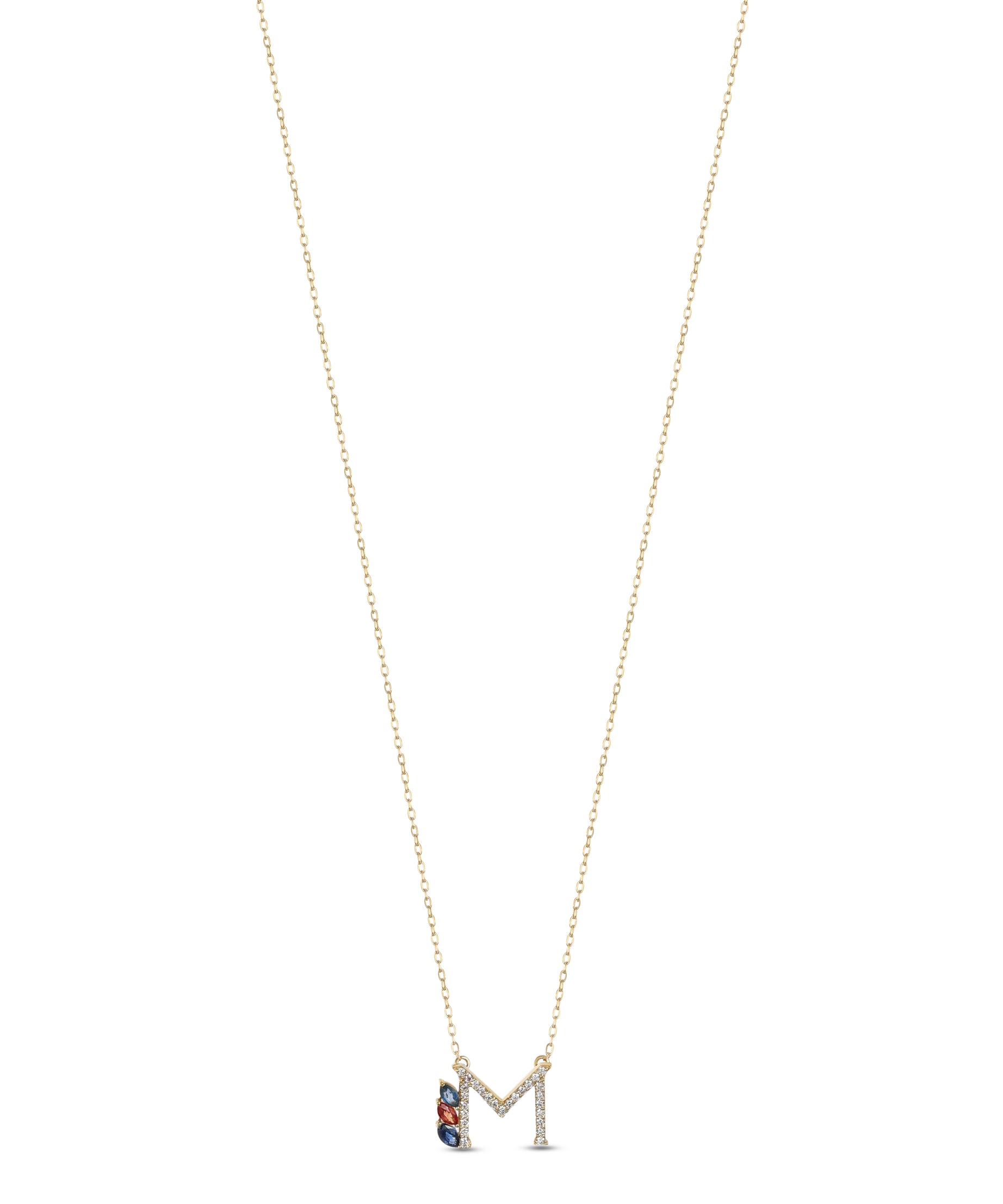18K Yellow Gold Necklace English "M" Letter  with Multicolor Stones - S-P664MS