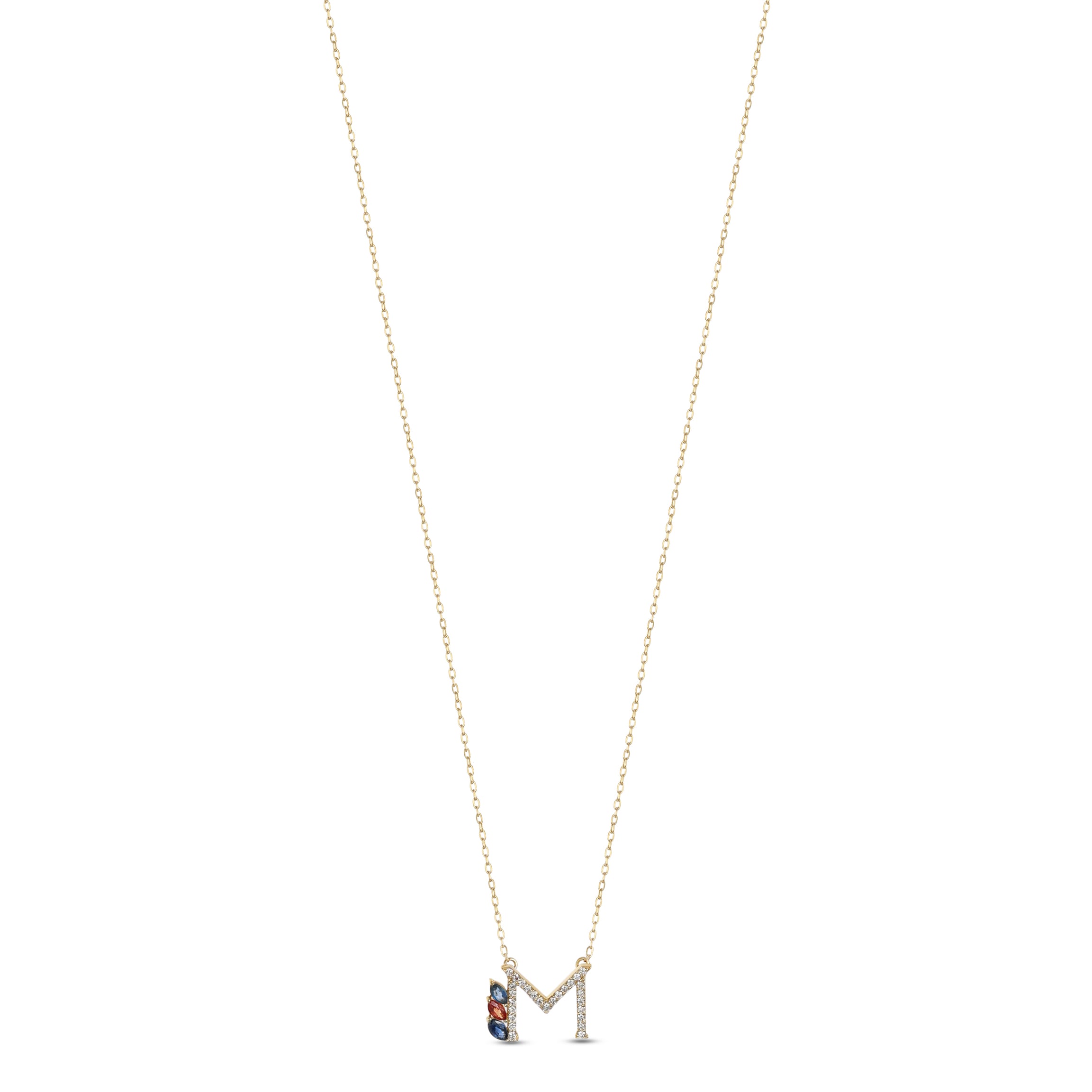 18K Yellow Gold Necklace English "M" Letter  with Multicolor Stones - S-P664MS
