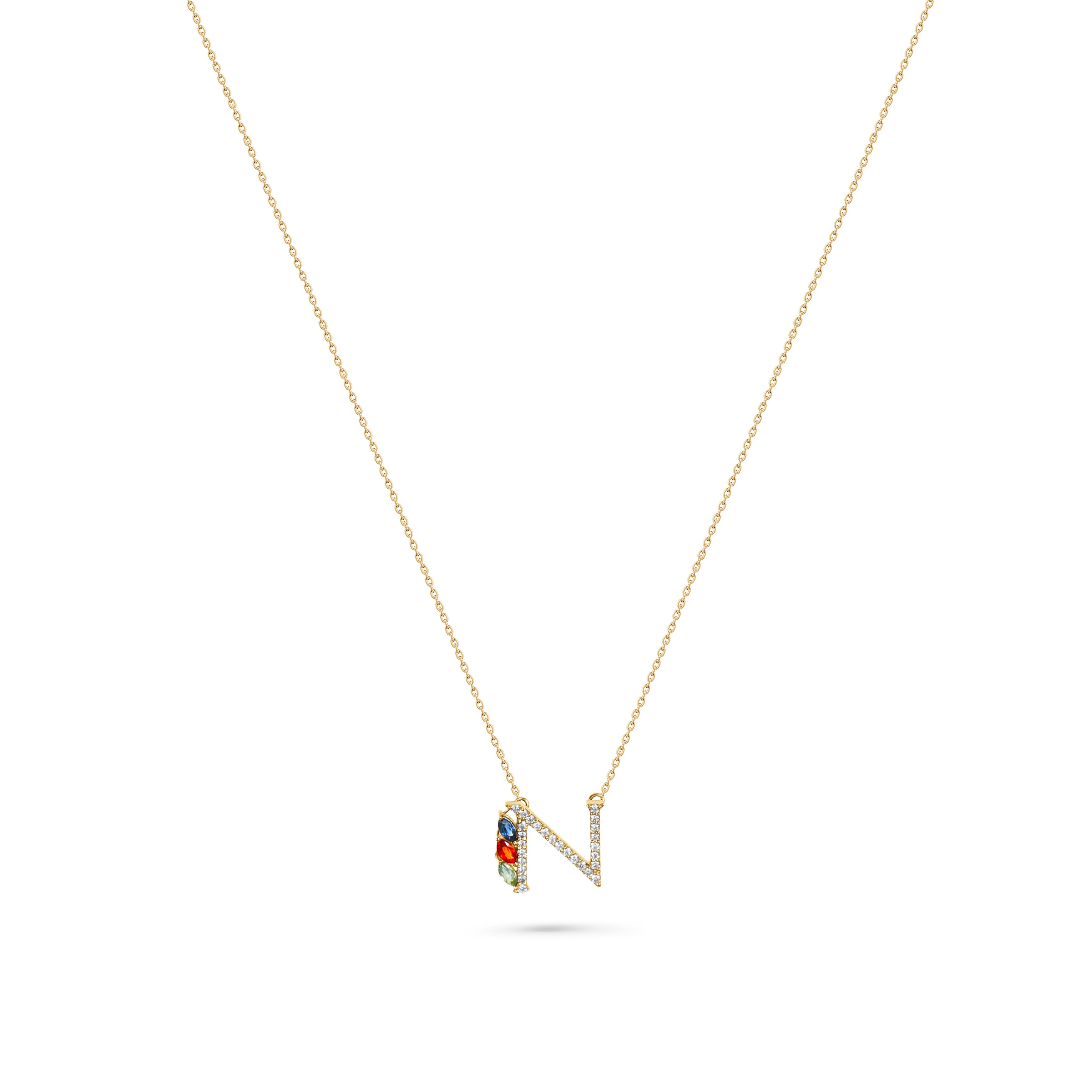 18K Yellow Gold Necklace English "N" Letter  with Multicolor Stones - S-P664NS