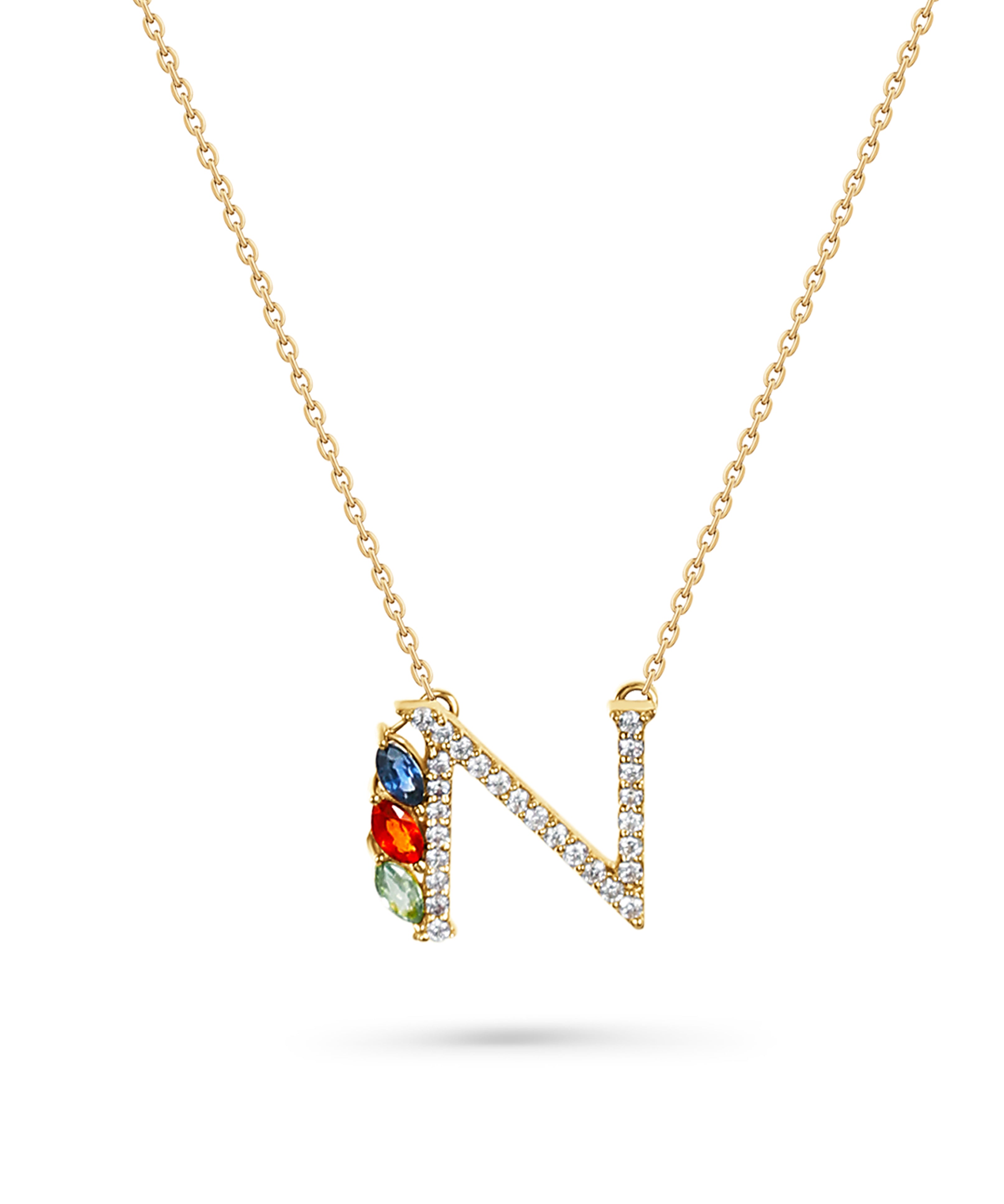 18K Yellow Gold Necklace English "N" Letter  with Multicolor Stones - S-P664NS