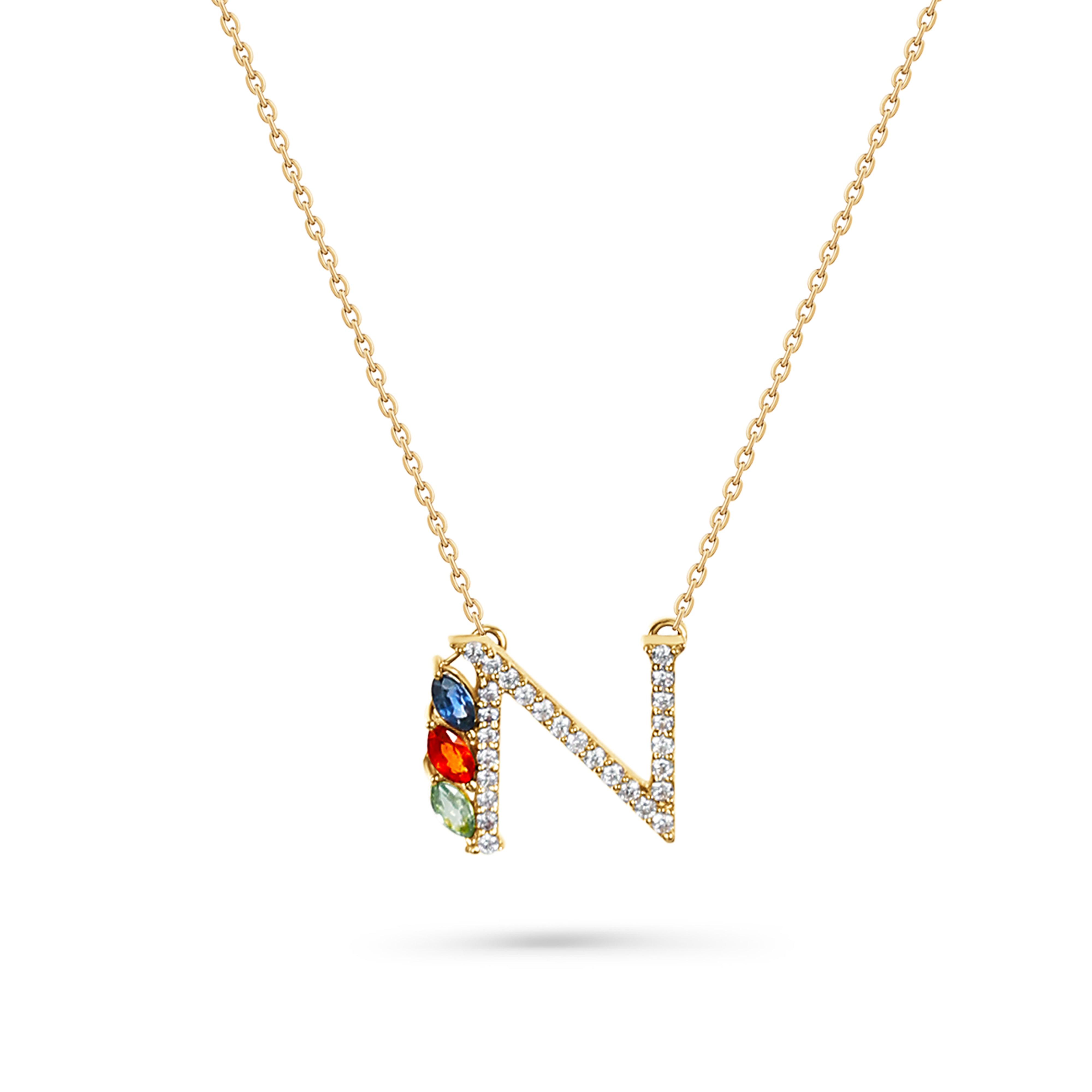 18K Yellow Gold Necklace English "N" Letter  with Multicolor Stones - S-P664NS
