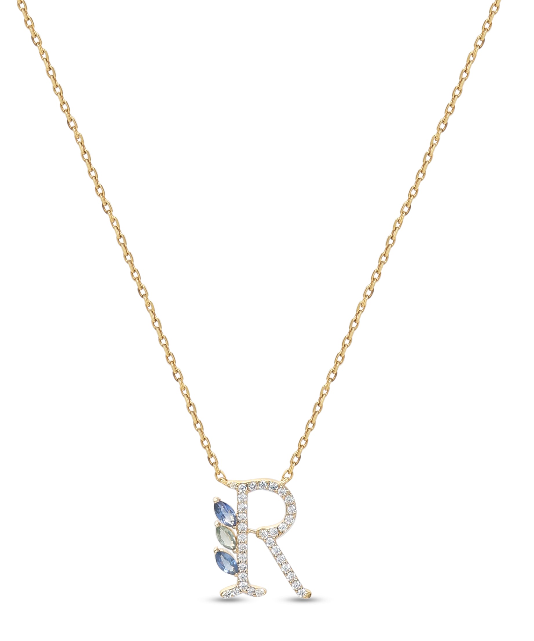 18K Yellow Gold Necklace English "R" Letter with Multicolor Stones - S-P664RS