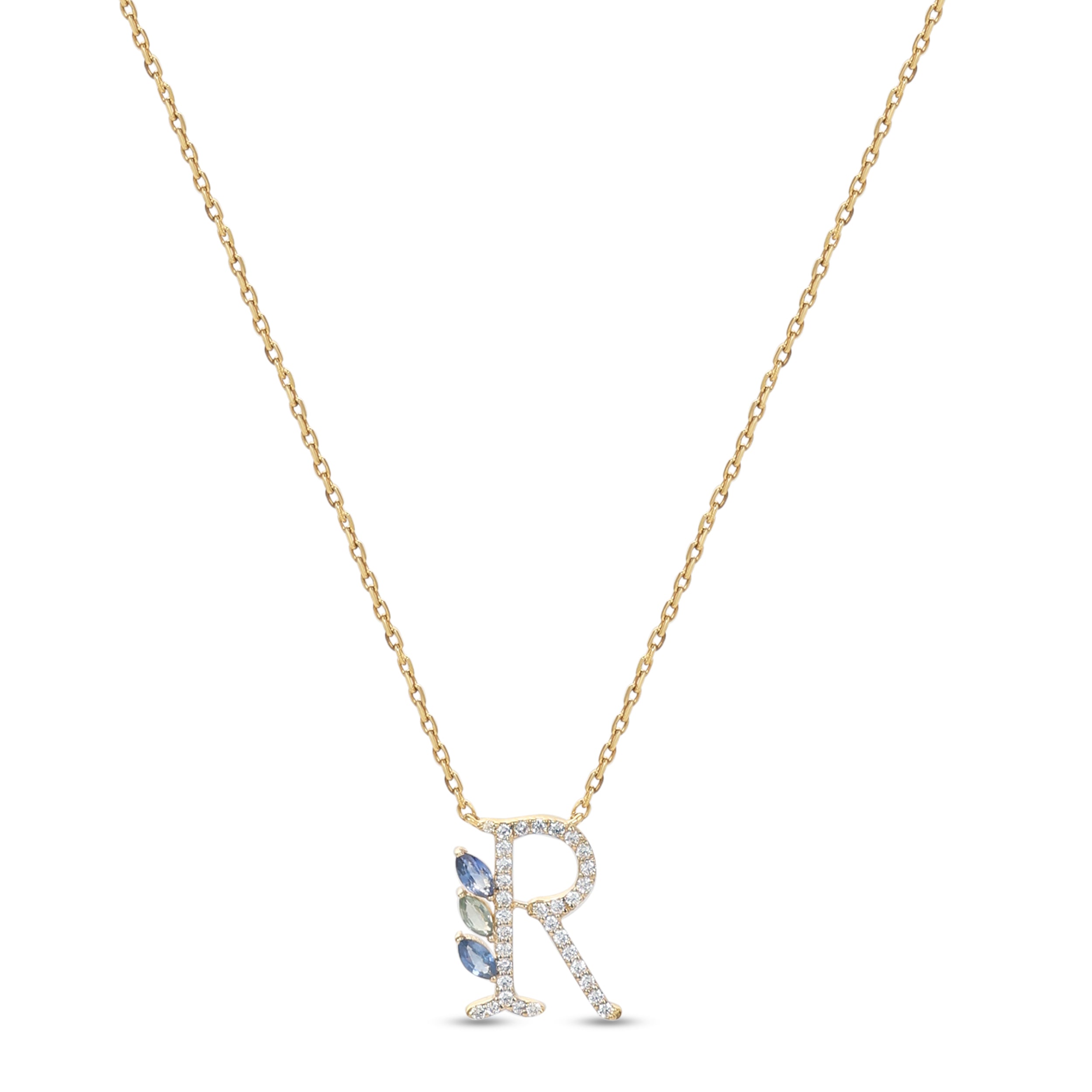 18K Yellow Gold Necklace English "R" Letter with Multicolor Stones - S-P664RS