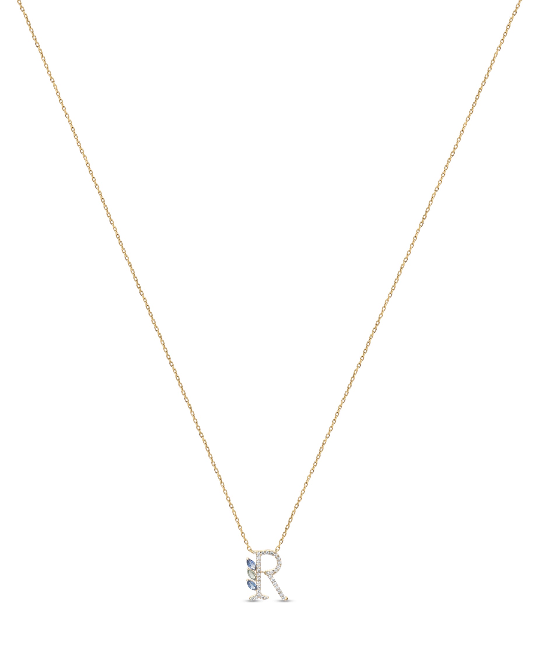 18K Yellow Gold Necklace English "R" Letter with Multicolor Stones - S-P664RS