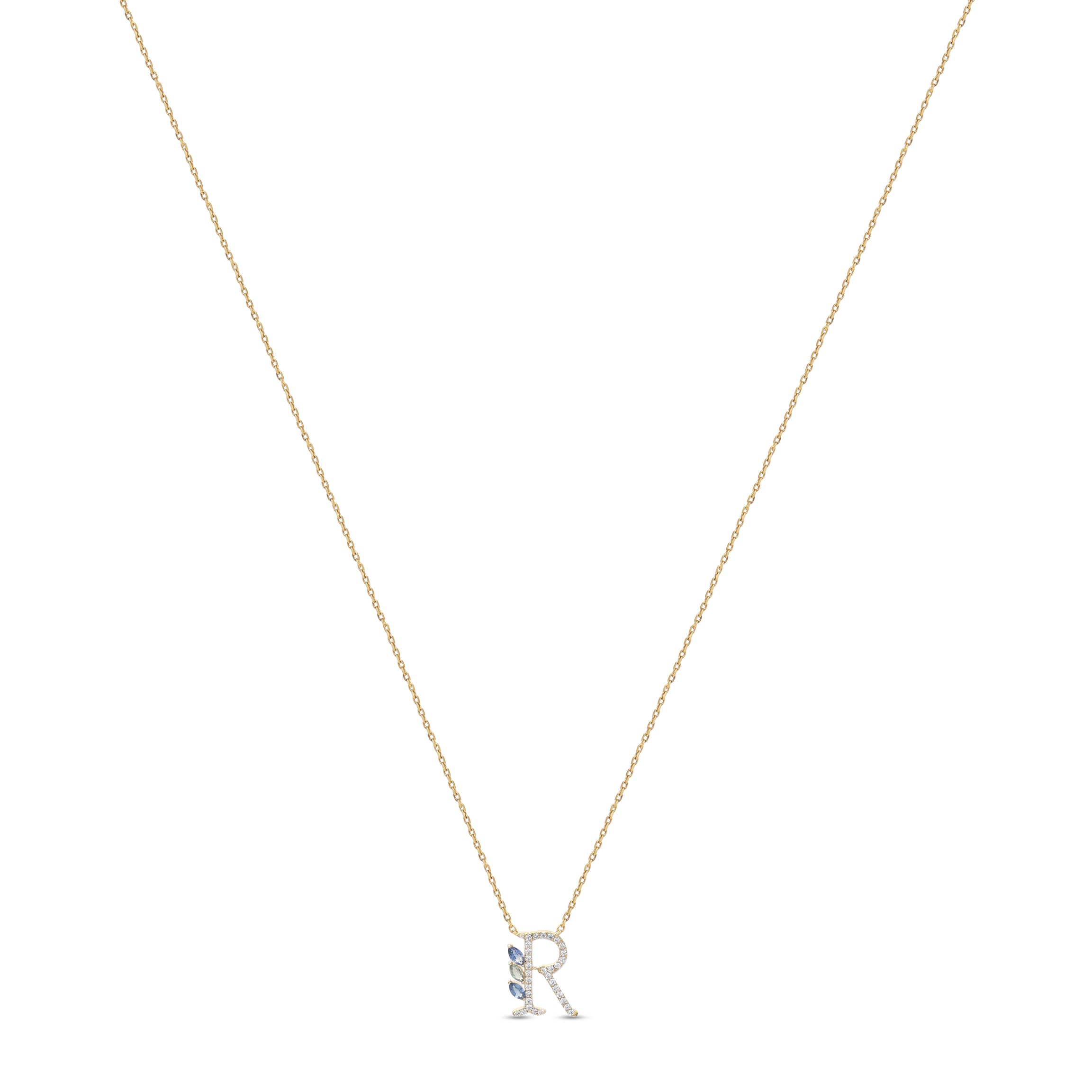 18K Yellow Gold Necklace English "R" Letter with Multicolor Stones - S-P664RS