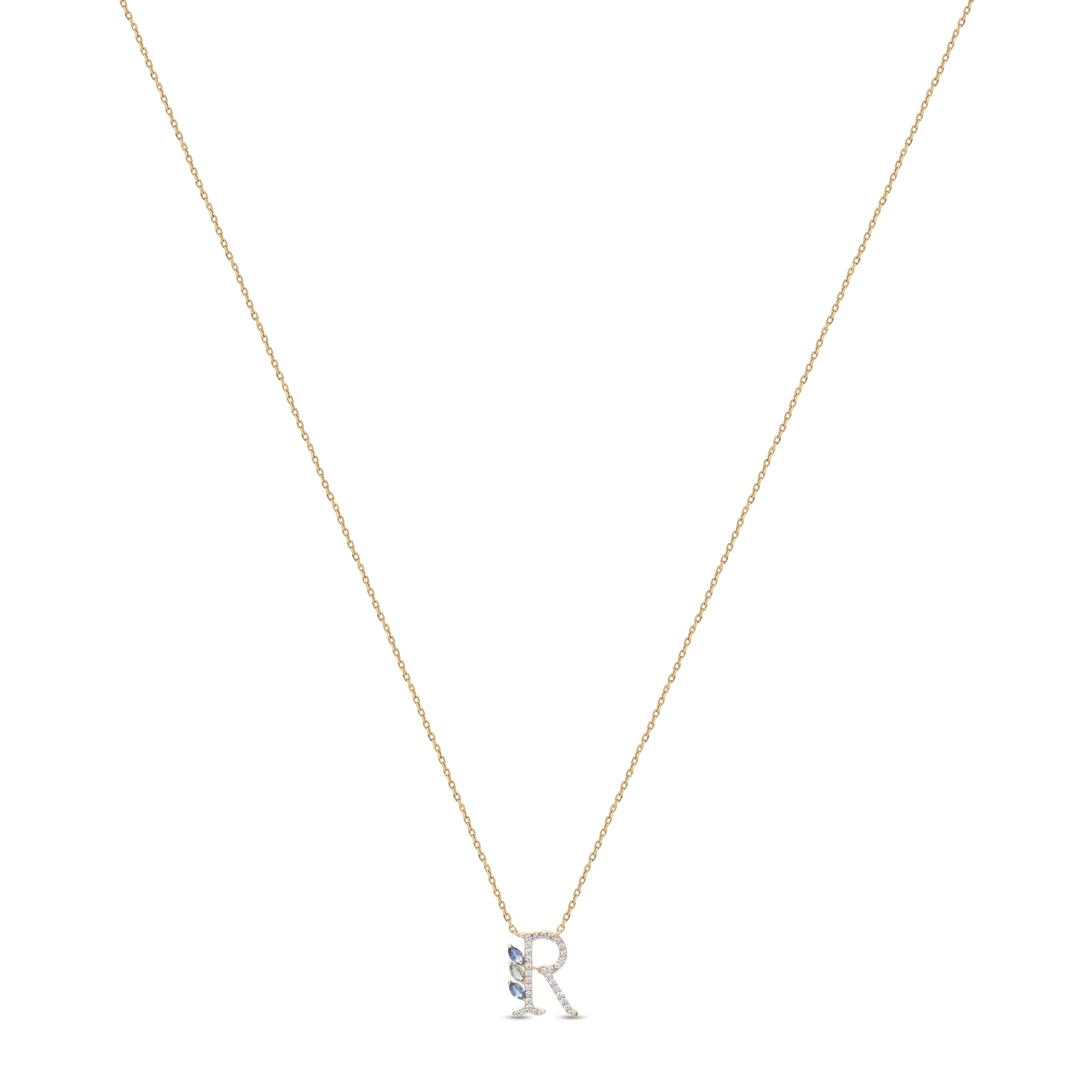 18K Yellow Gold Necklace English "R" Letter with Multicolor Stones - S-P664RS