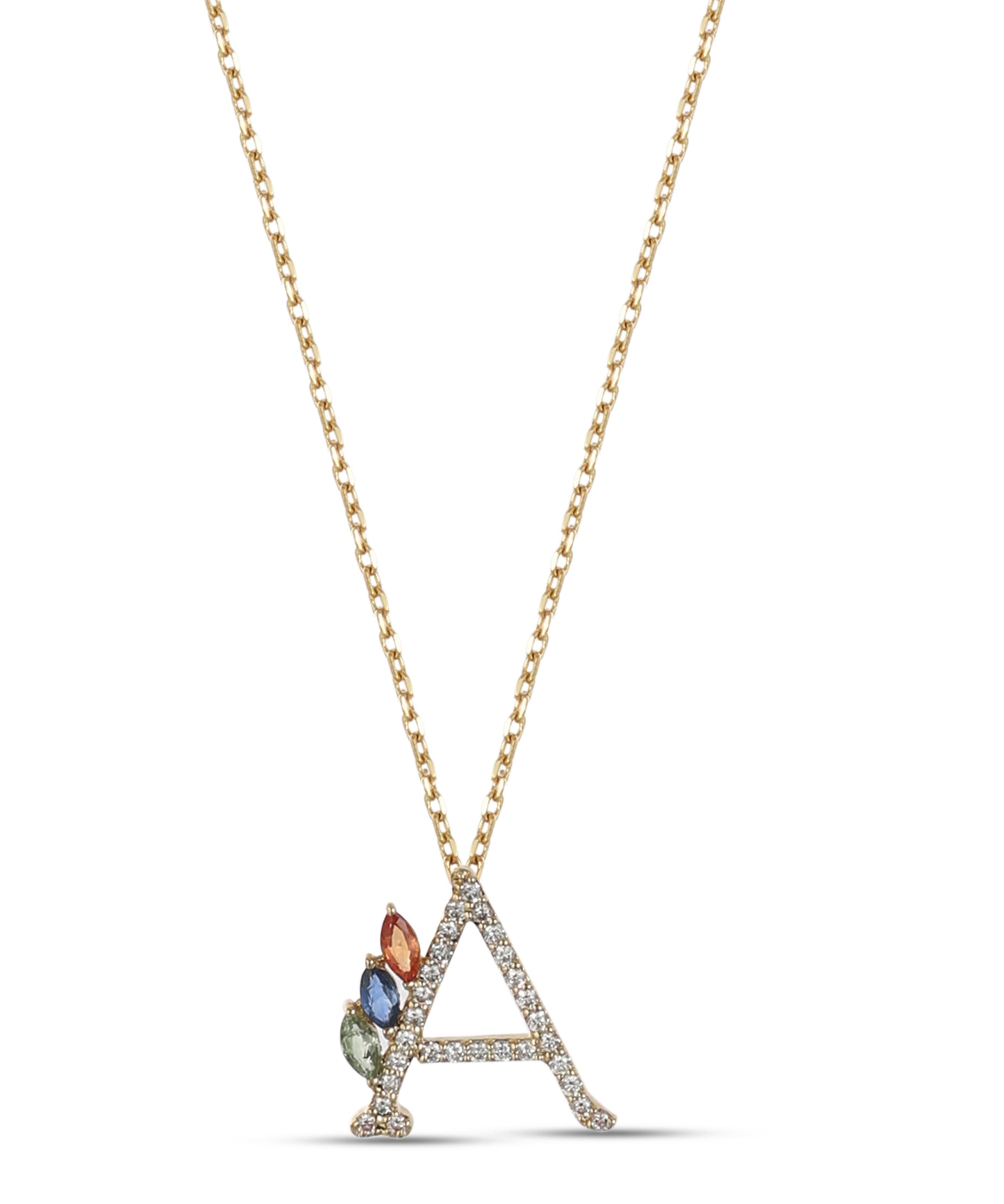 18K Yellow Gold Necklace English "A" Letter  with Multicolor Stones - S-P664AS