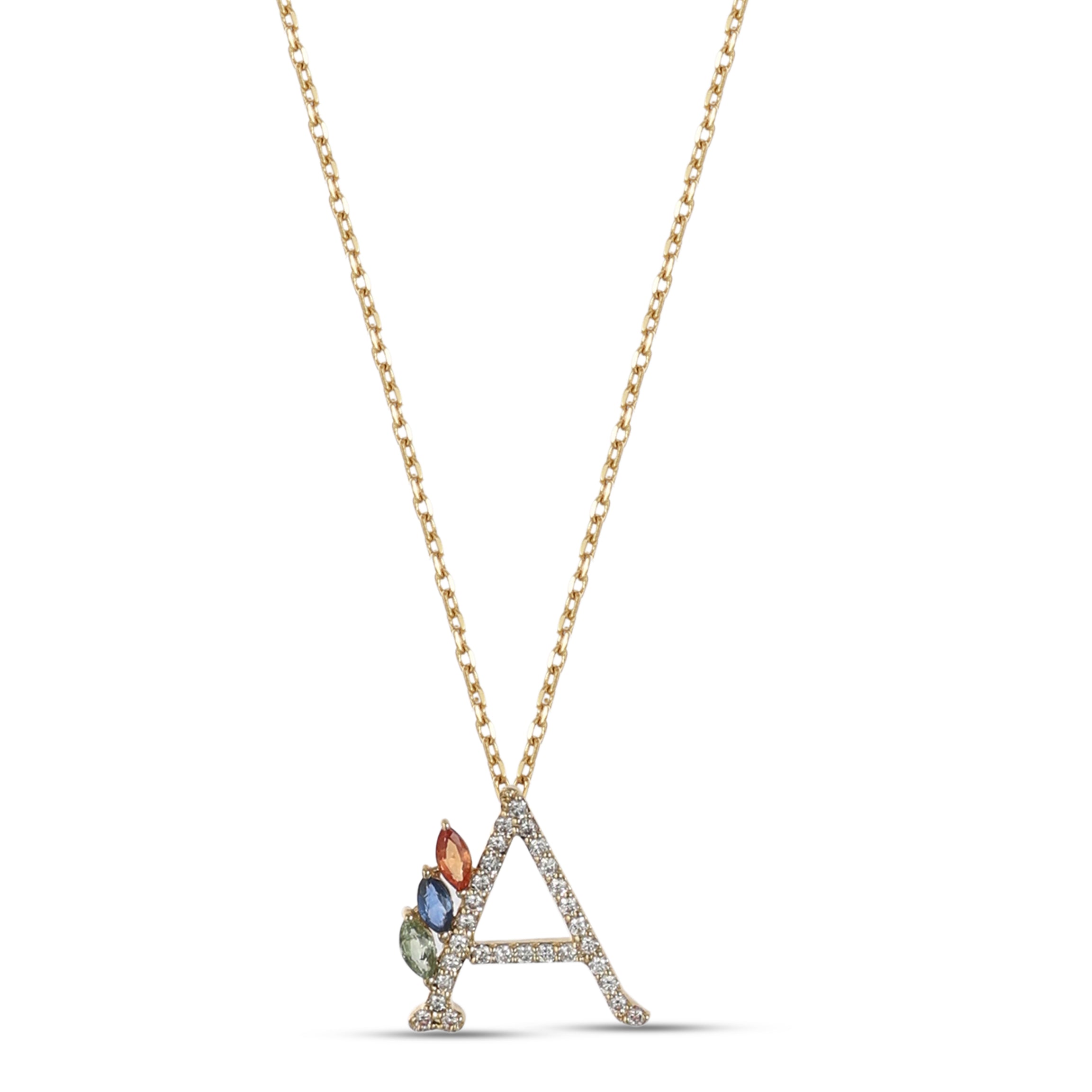18K Yellow Gold Necklace English "A" Letter  with Multicolor Stones - S-P664AS