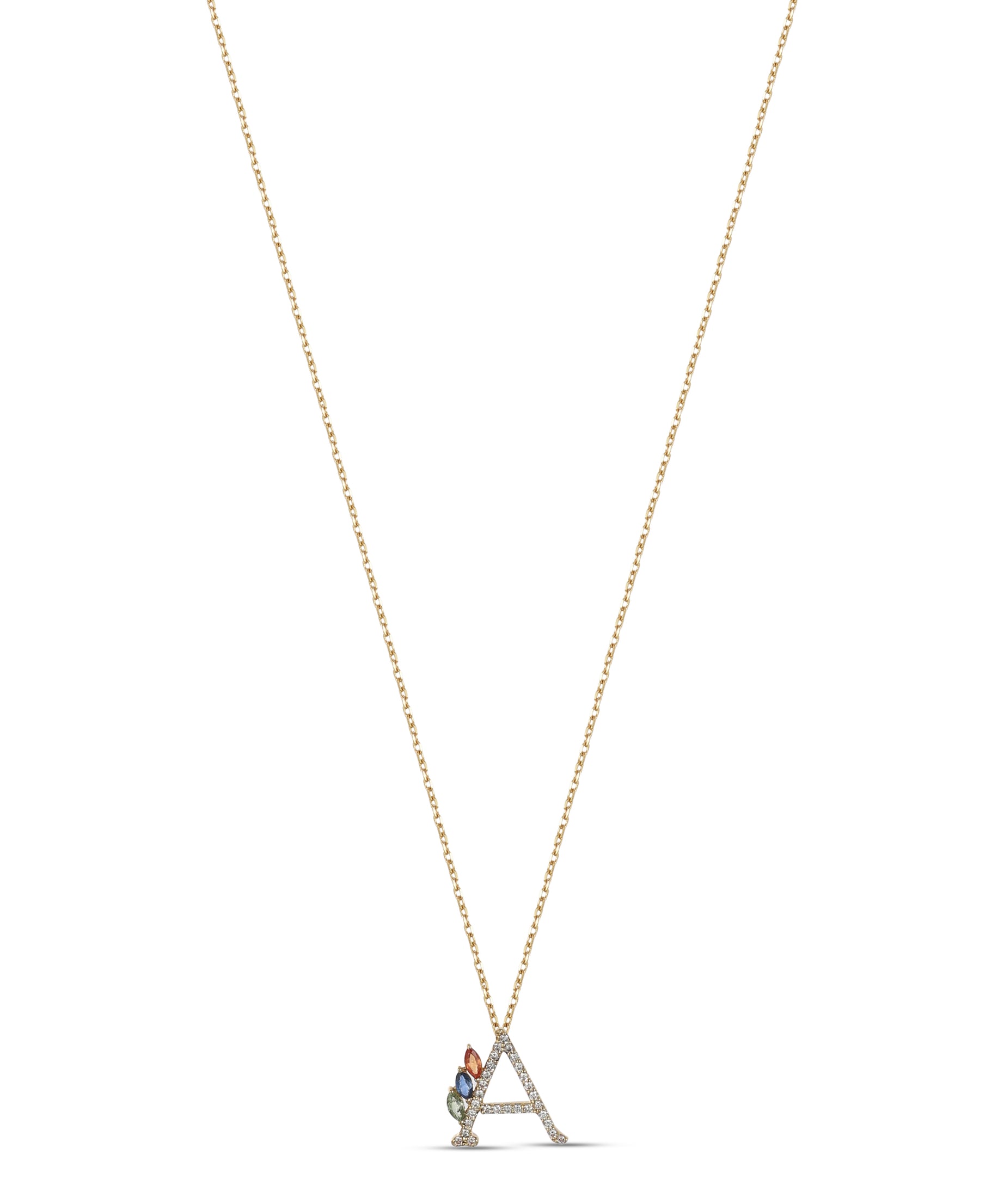 18K Yellow Gold Necklace English "A" Letter  with Multicolor Stones - S-P664AS