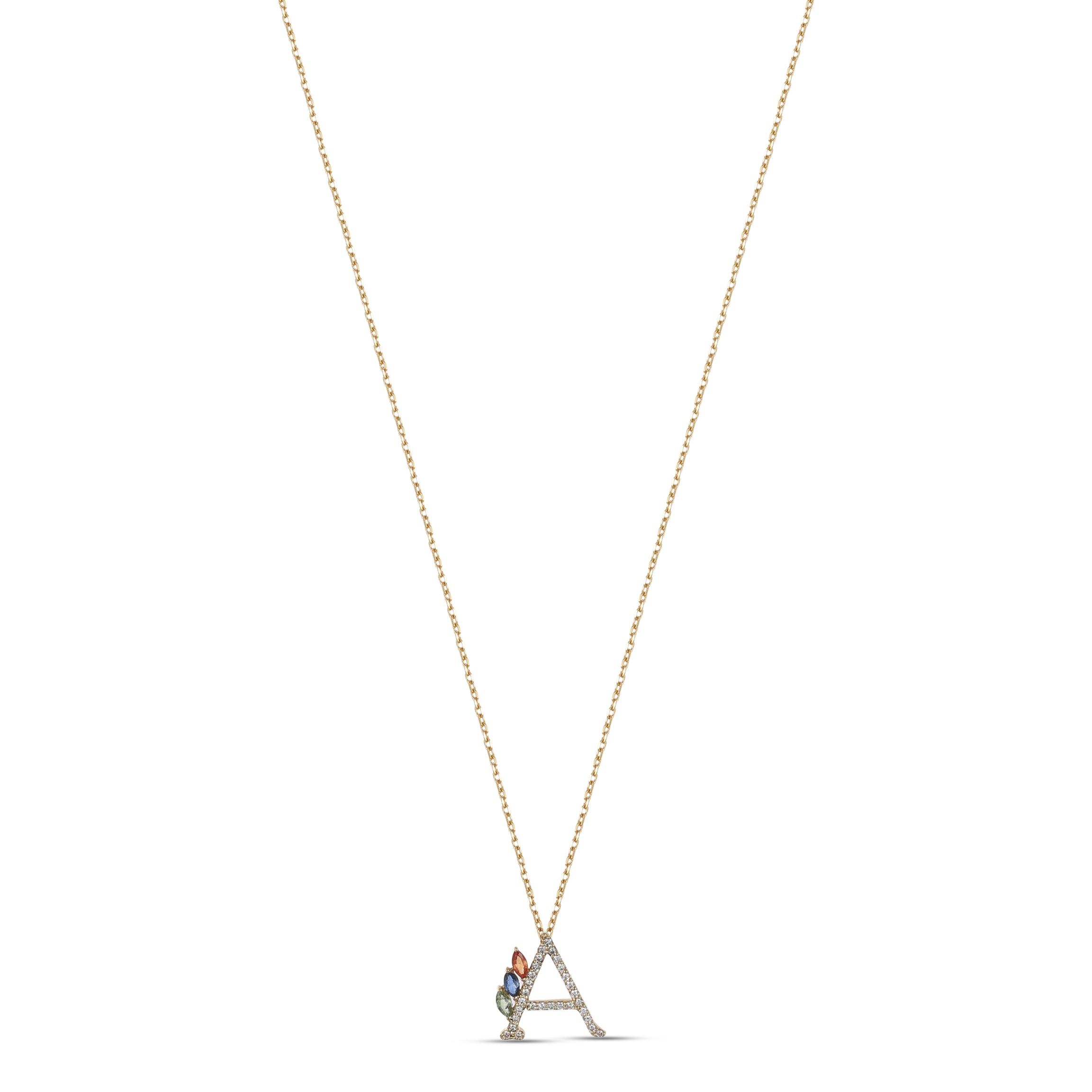 18K Yellow Gold Necklace English "A" Letter  with Multicolor Stones - S-P664AS